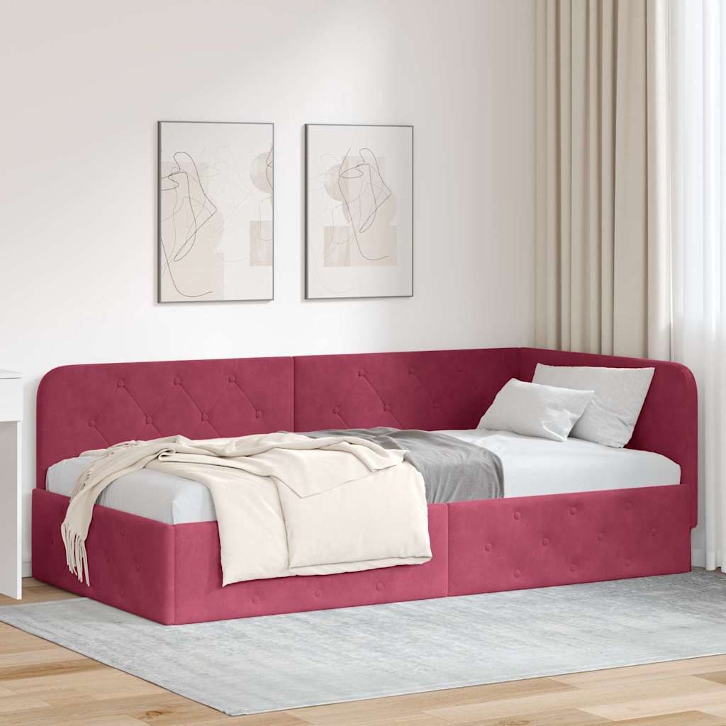 Paturi & cadre pat - Cadru de pat colțar cu headboard Roșu Vin 90 x 200 cm Catifea