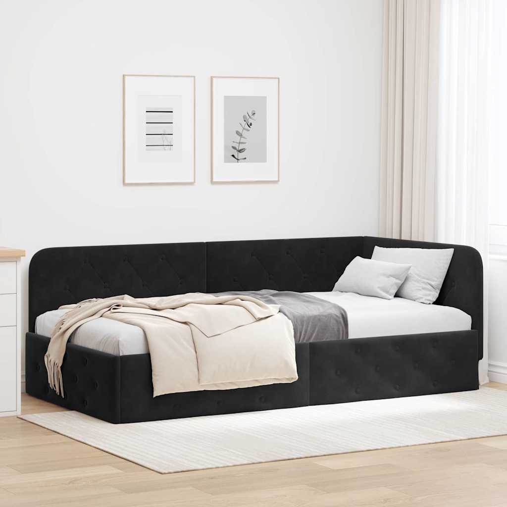 Paturi & cadre pat - Cadru de pat colțar cu headboard Negru 90 x 200 cm Catifea