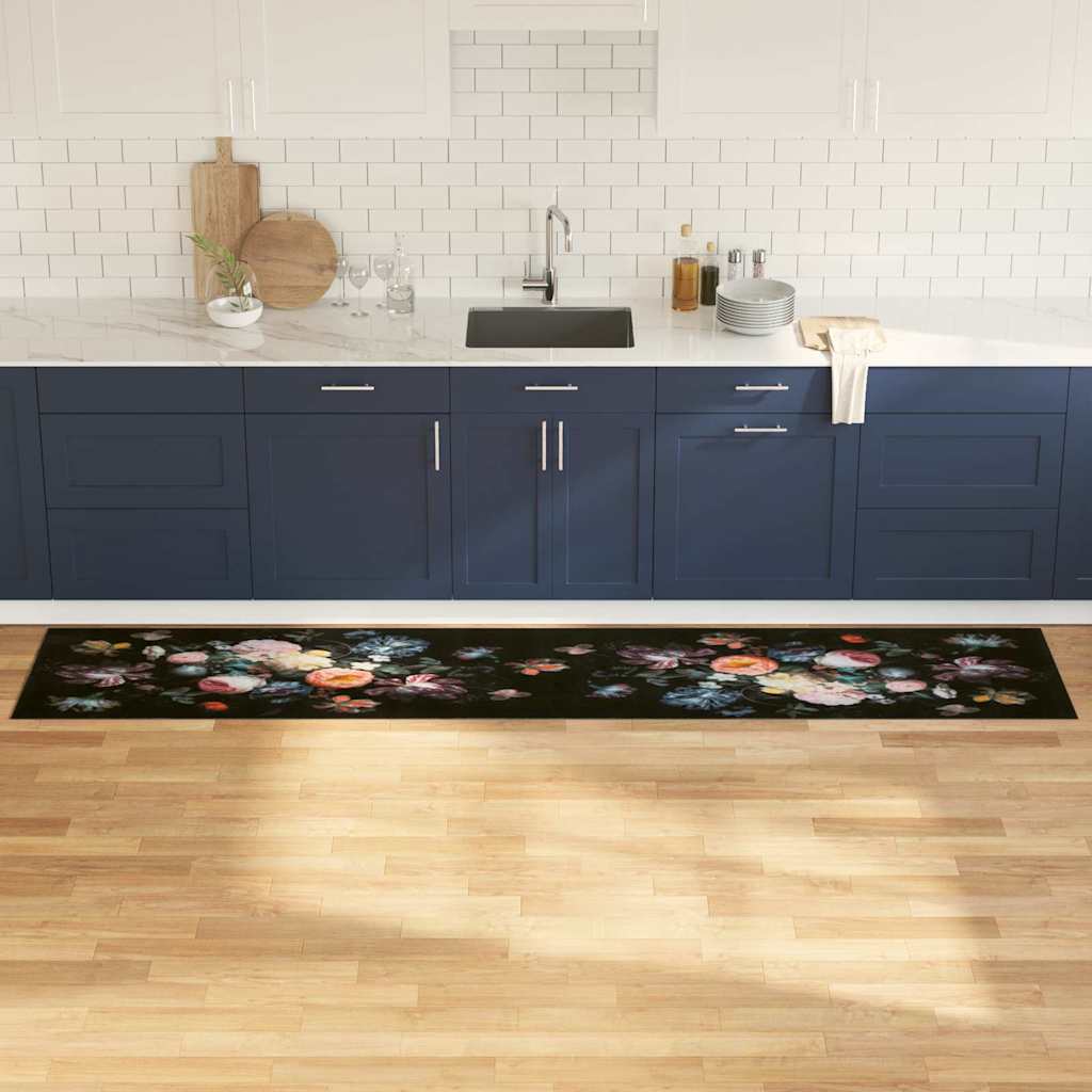 vidaXL Covor de bucătărie Floral Negru 300 x 60 cm Catifea