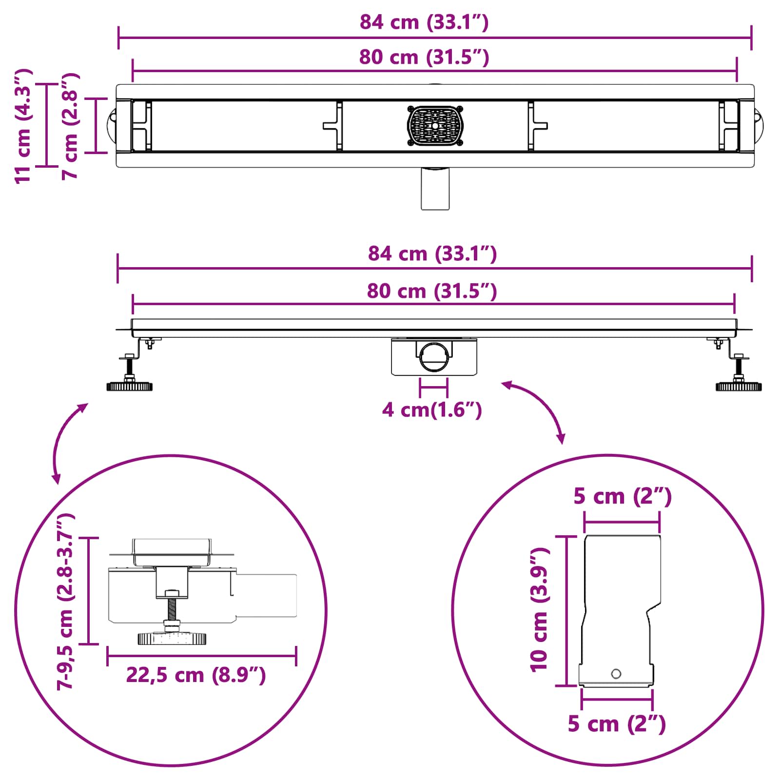 Sprchový odtok 2 v 1 s 360° sifonem Černá 80 cm - obrázek 14