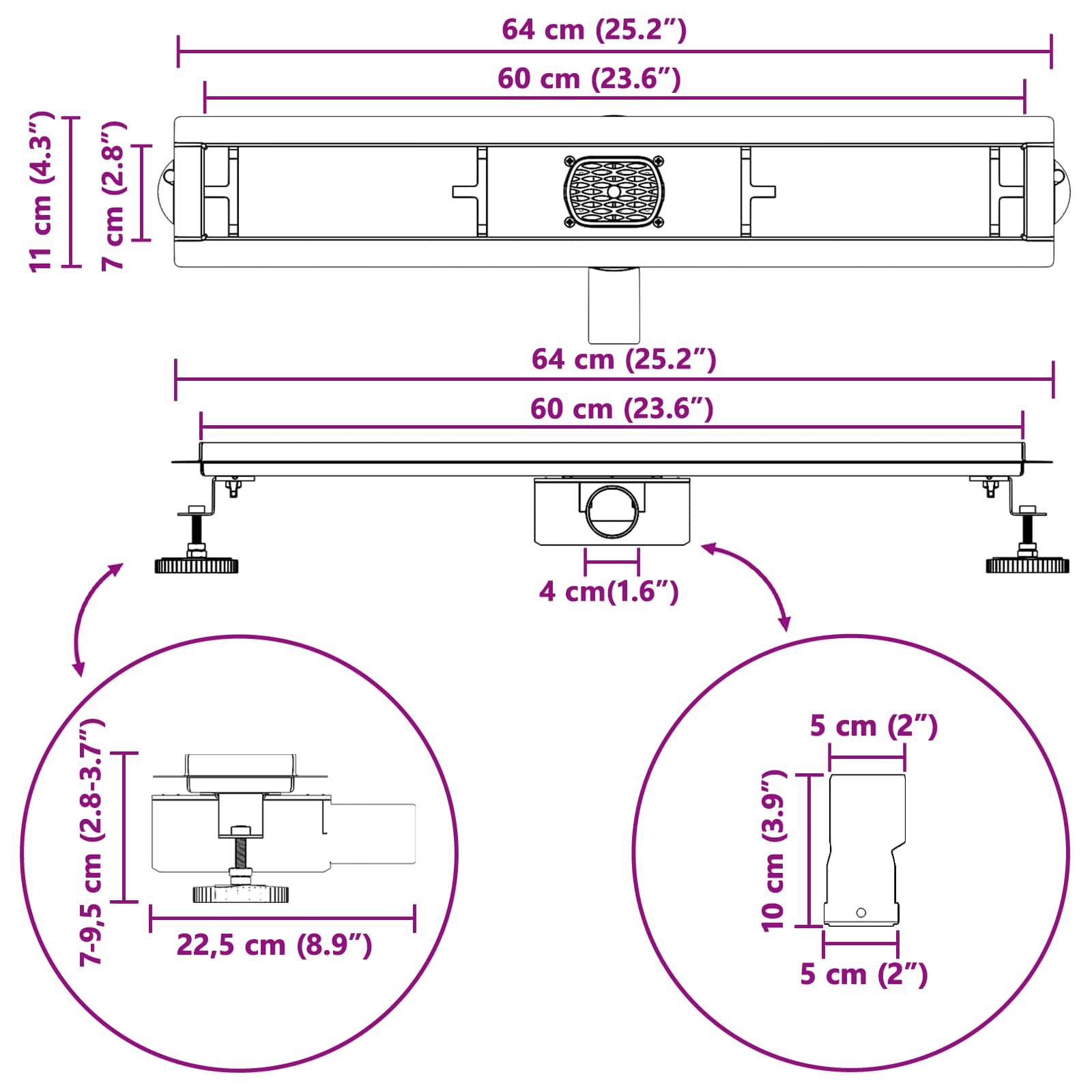 Sprchový odtok 2 v 1 s 360° sifonem Stříbrná 60 cm - obrázek 14