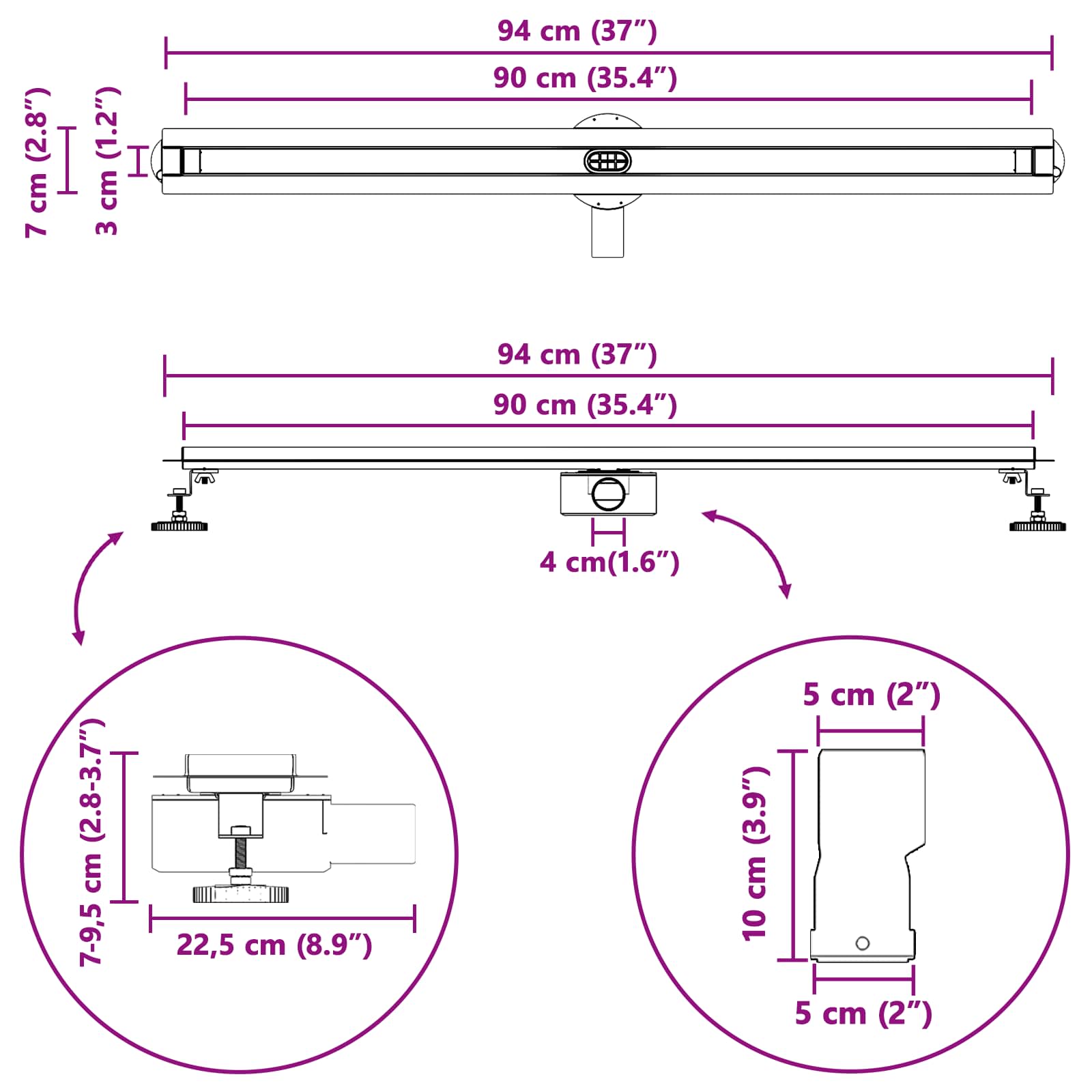 360° odtok za tuš s tankskim modelom srebrna 90 cm - slika 13