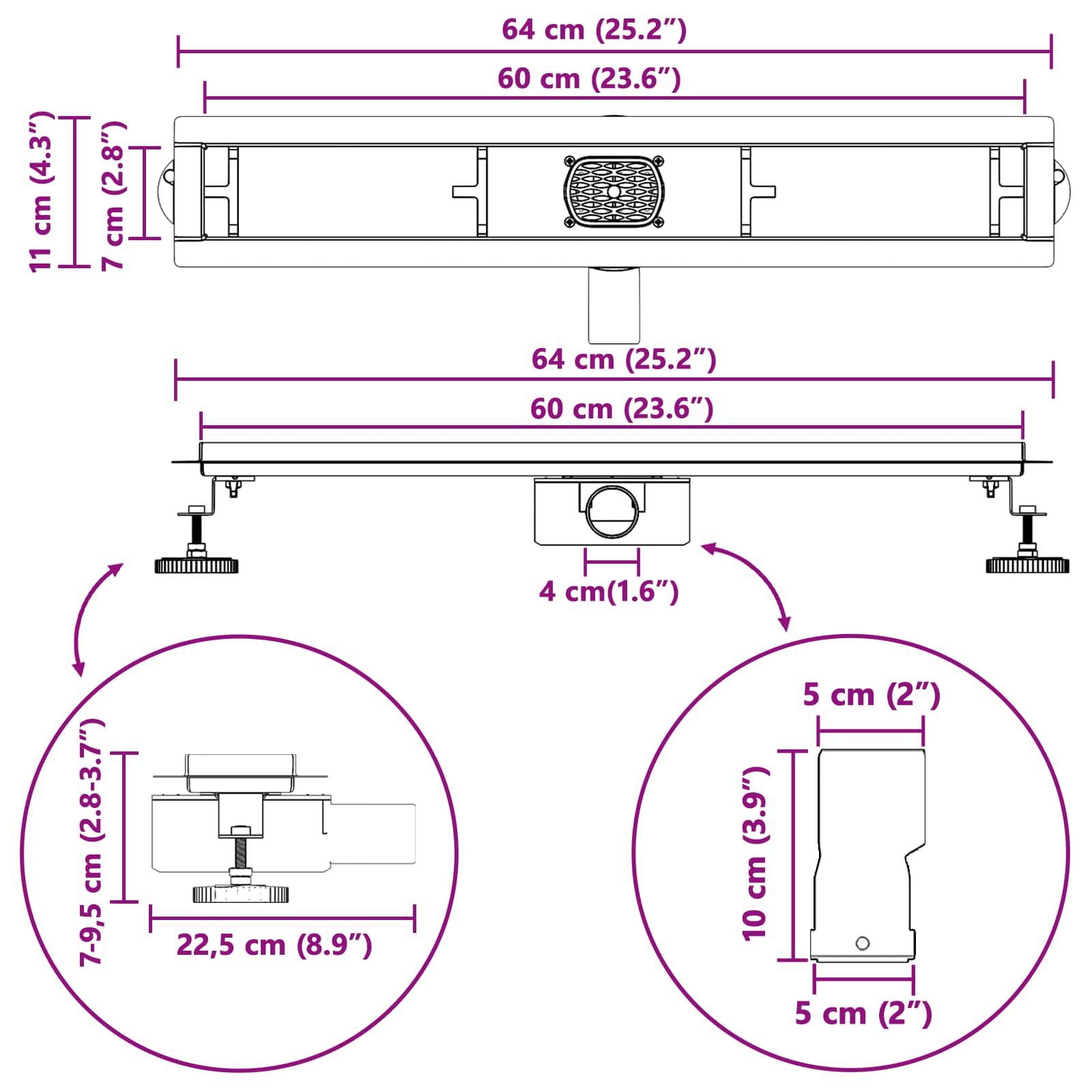 Sprchový odtok 2 v 1 s 360° sifonem Černá 60 cm - obrázek 14