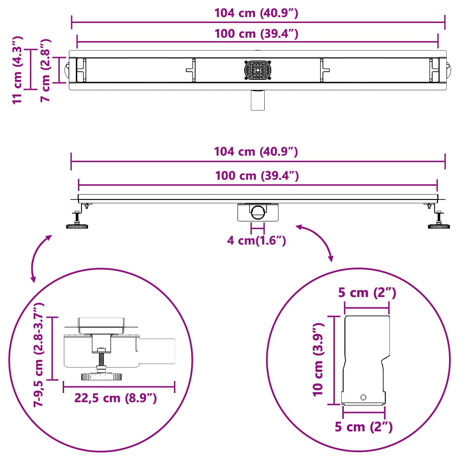 Sprchový odtok 2 v 1 s 360° sifonem Černá 100 cm - obrázek 14
