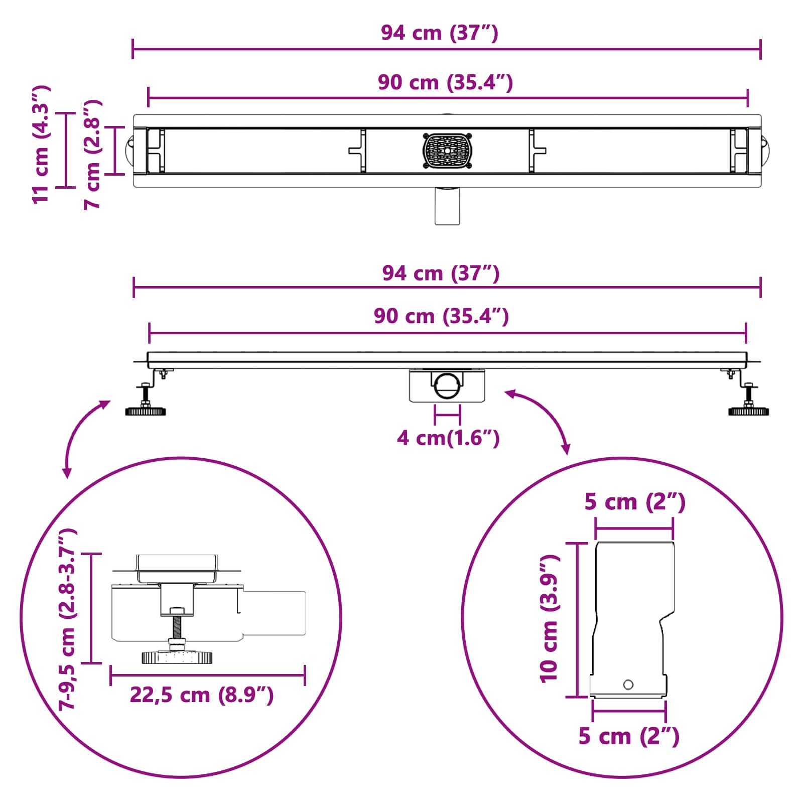 Tuš odtok Stekleni pokrov s 360° sifonom Črna 90 cm - slika 13