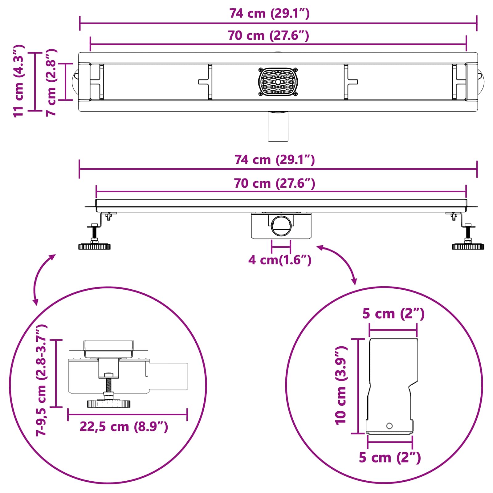 Sprchový odtok 2 v 1 s 360° sifonem Černá 70 cm - obrázek 14