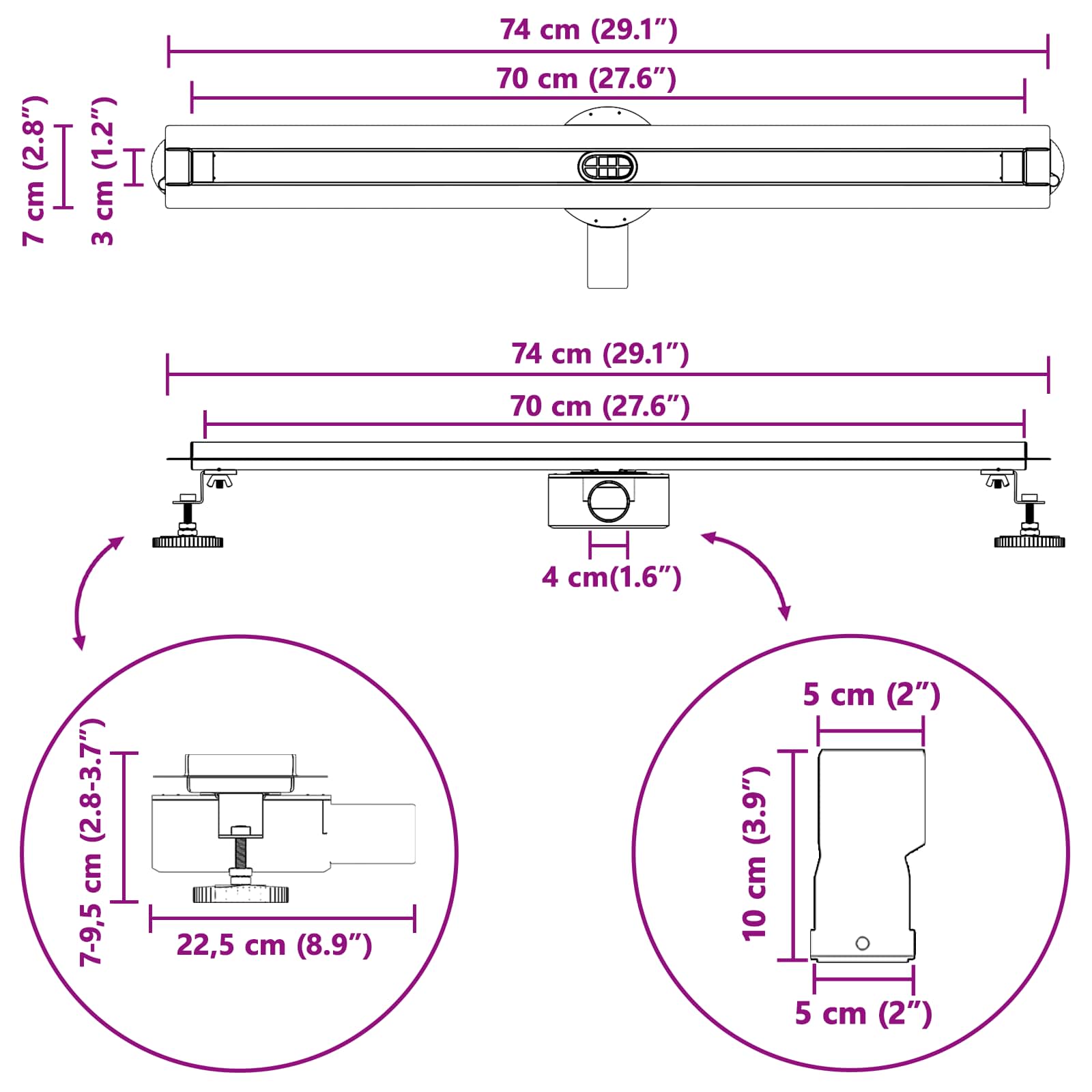 360° odtok za tuš s tankskim modelom srebrna 70 cm - slika 13