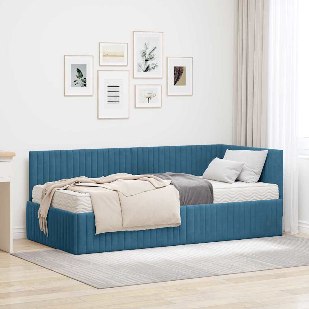 Stūra gultas rāmis ar matrači ar galvas klāju 2 pcs Zila Samts