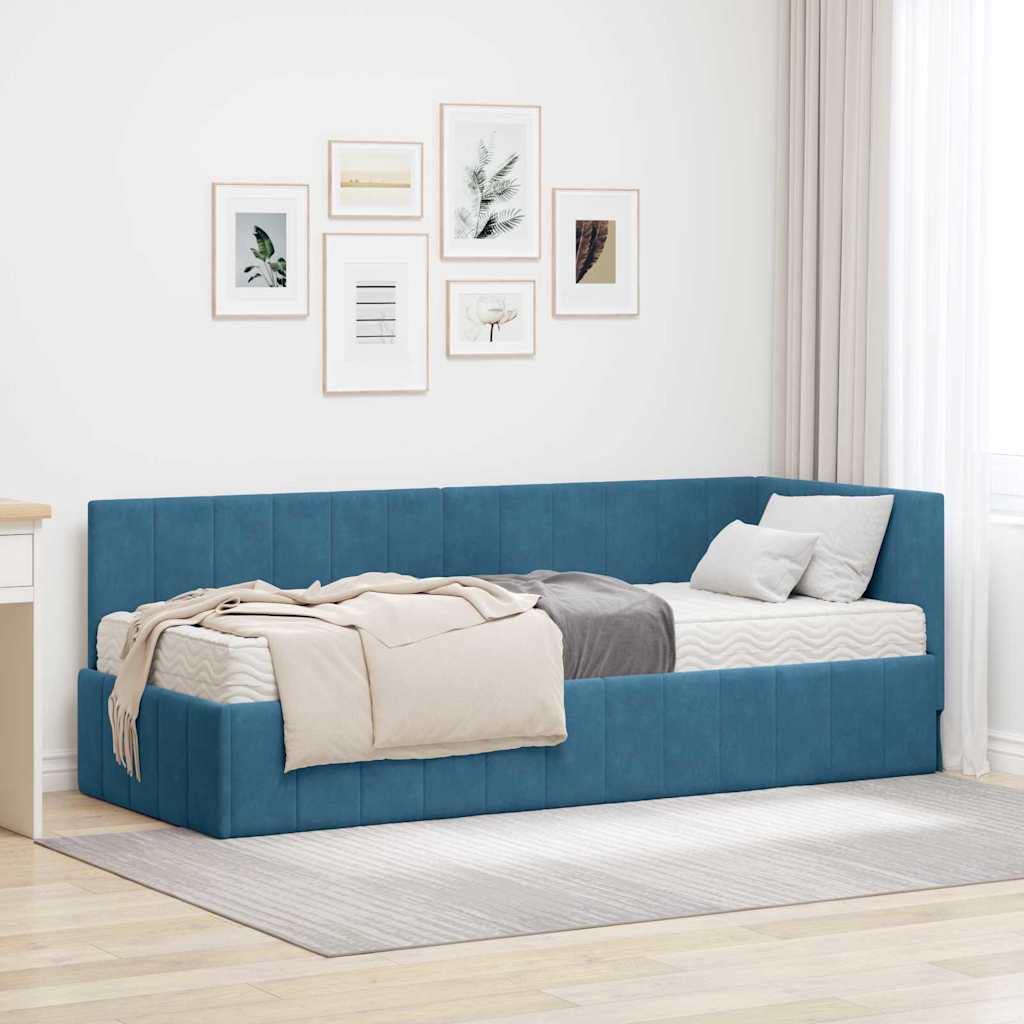 vidaXL Eckbettgestell mit Matratze mit Kopfteil Blau 80 x 200 cm Samt