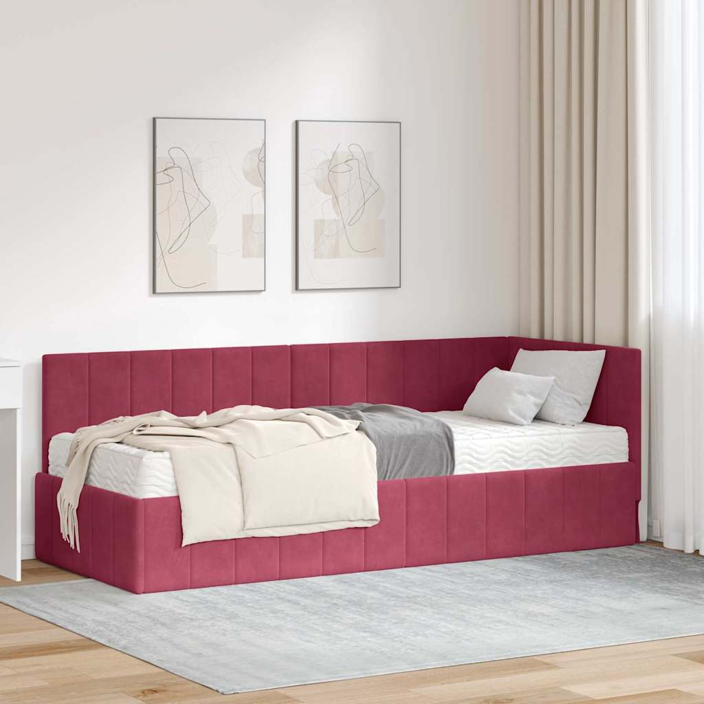 vidaXL Eckbettgestell mit Matratze Weinrot 80 x 200 cm Samt