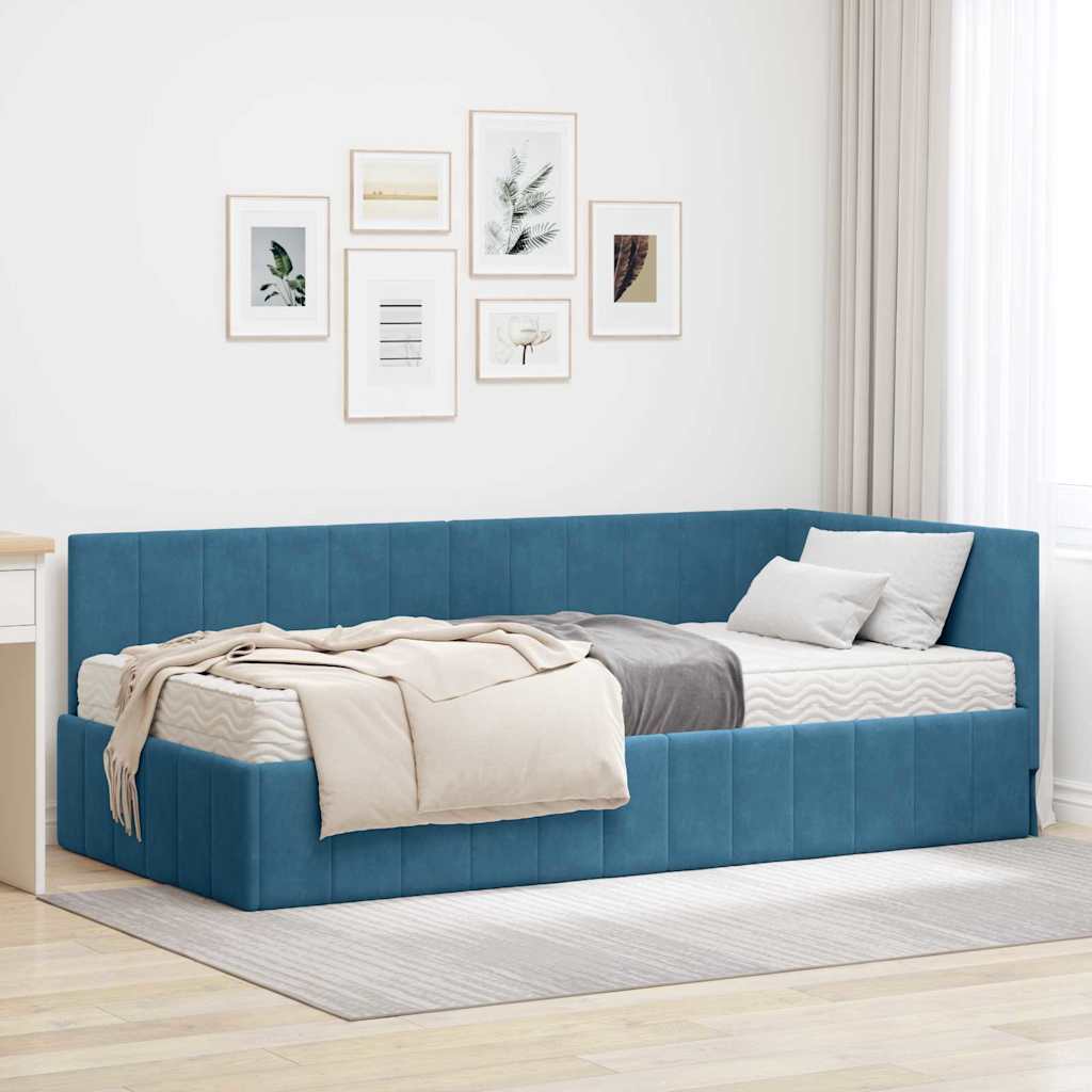 vidaXL Eckbettgestell mit Matratze mit Kopfteil Blau 90 x 190 cm Samt
