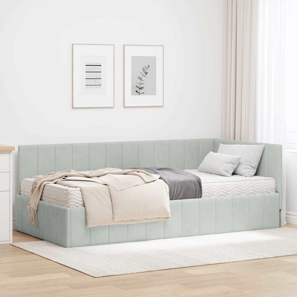 vidaXL Eckbettgestell mit Matratze Hellgrau 90 x 200 cm Samt