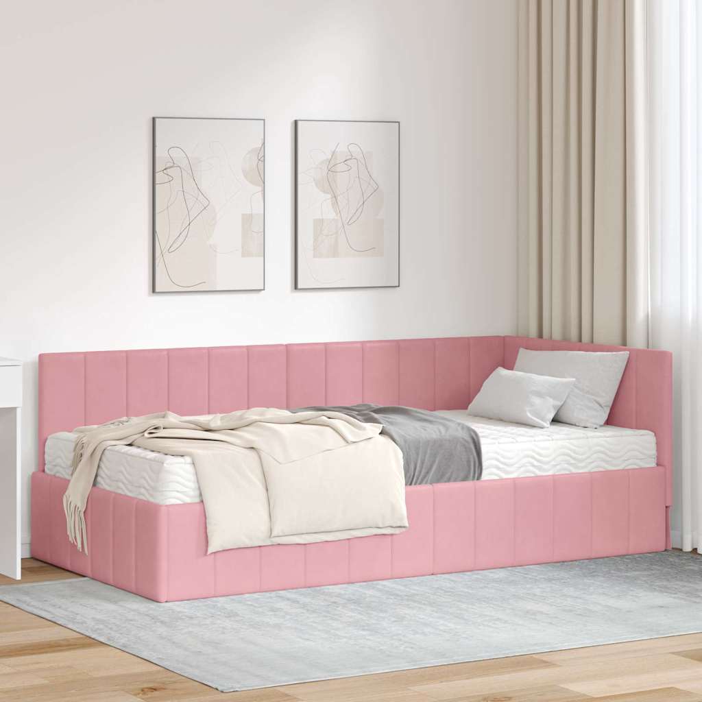 vidaXL Eckbettgestell mit Matratze mit Kopfteil Rosa 100 x 200 cm Samt