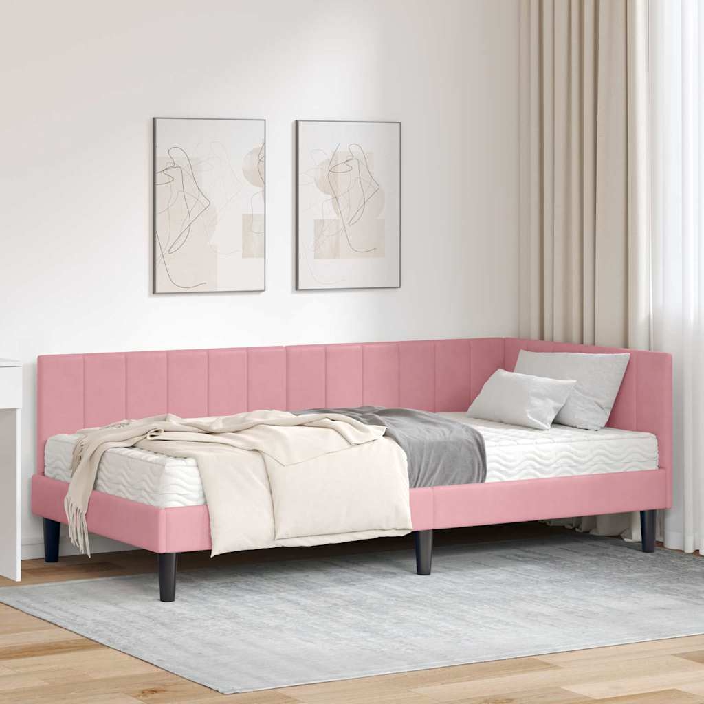 vidaXL Eckbettgestell mit Matratze mit Kopfteil Rosa 90 x 190 cm Samt