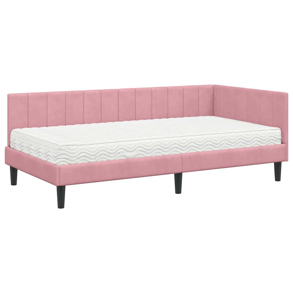 Thumbnail - vidaXL Eckbettgestell mit Matratze mit Kopfteil Rosa 90 x 190 cm Samt
