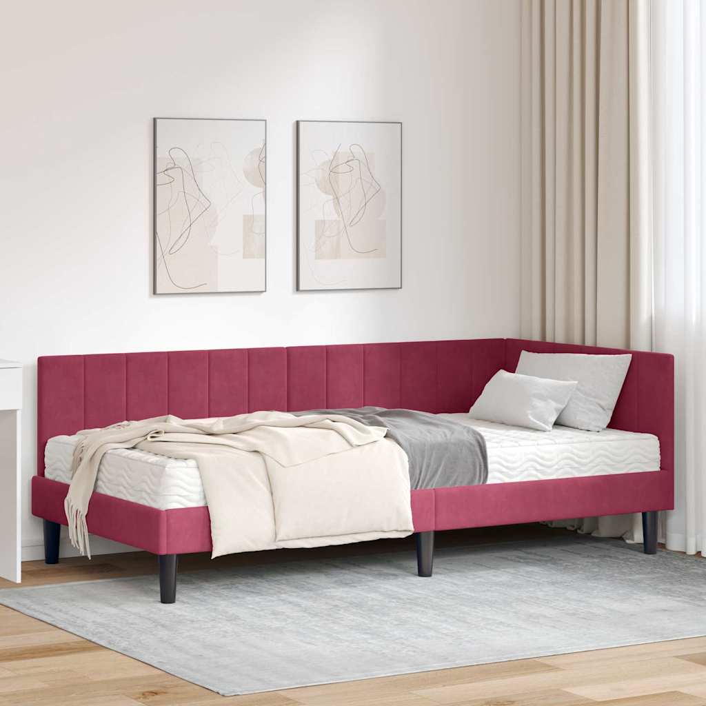 vidaXL Eckbettgestell mit Matratze Weinrot 90 x 190 cm Samt