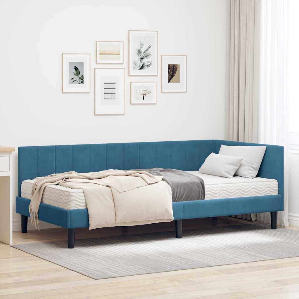 vidaXL Eckbettgestell mit Matratze mit Kopfteil Blau 90 x 200 cm Samt