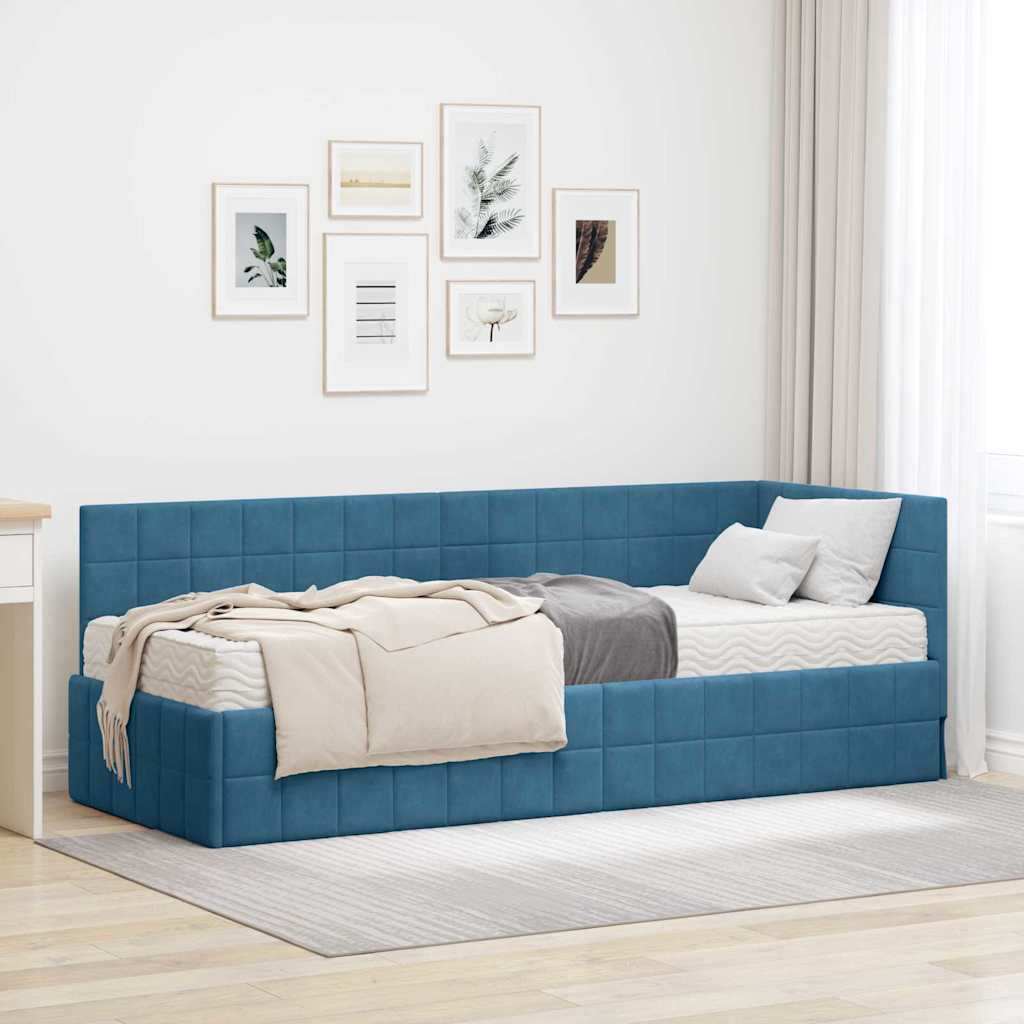 Hoekbedframe met Matras met hoofdeinde 2 pcs Blauw Fluweel