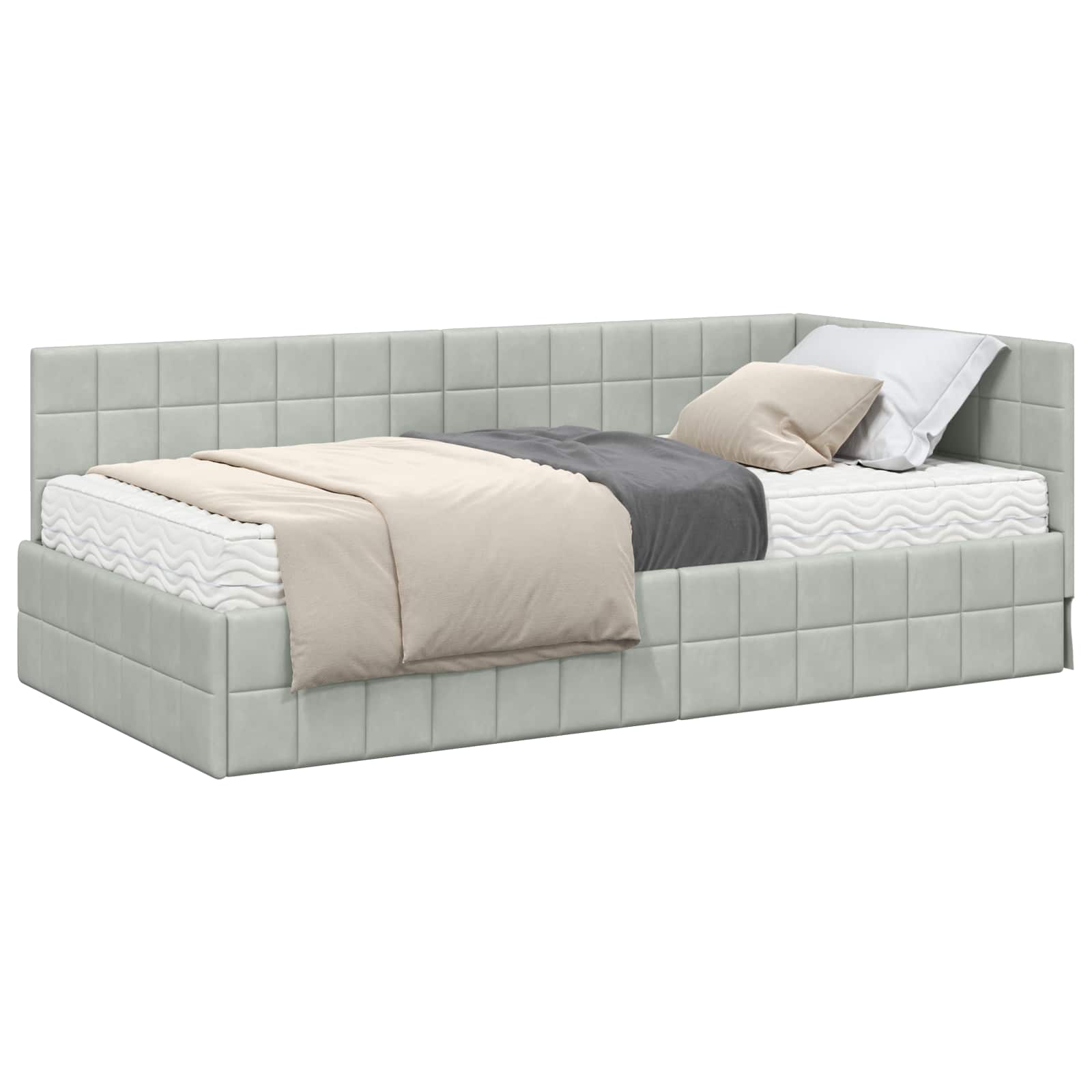 vidaXL Hoekbedframe met Matras 2 st Lichtgrijs 90 x 200 cm Fluweel, foto 3