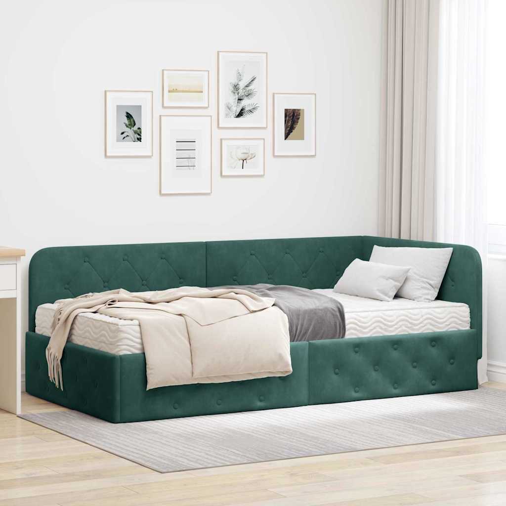 Mobilă și Mobilier - Cadru de pat colțar cu saltea Verde închis 100 x 200 cm Catifea