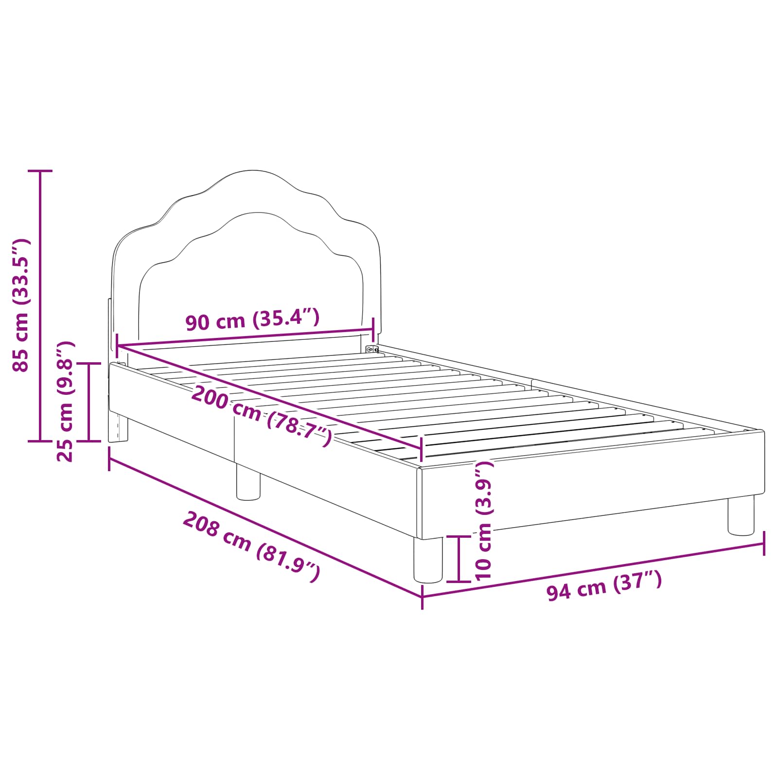 Laste voodiraam peatoega peaga Must 90 x 200 cm Samet 10 Kõik vajalik sinu aeda ja koju! Laste voodiraam peatoega peaga Must 90 x 200 cm Samet - Image 10