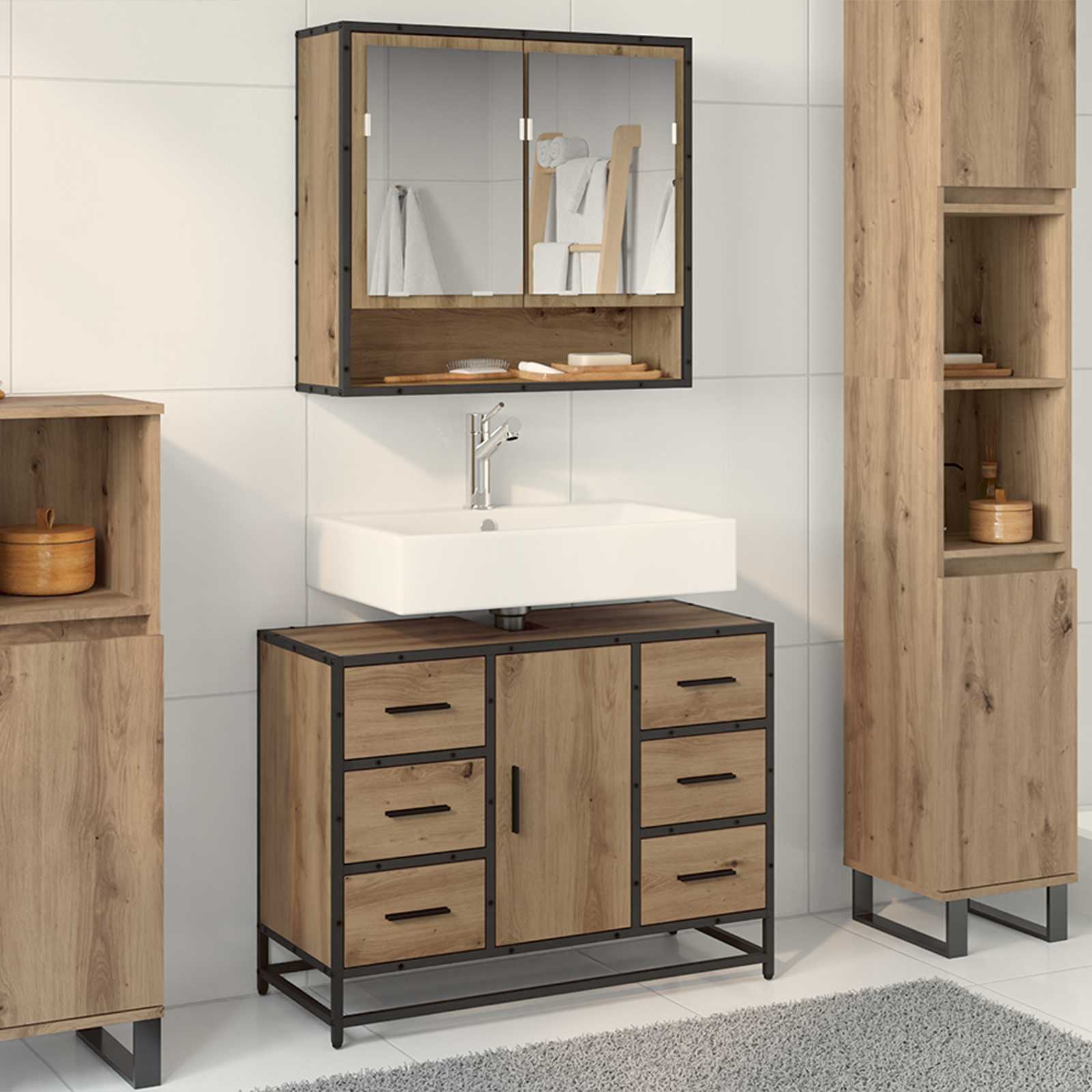 vidaXL Dulap de Baie Stejar Artizanal 80 x 33 x 60 cm Lemn compozit