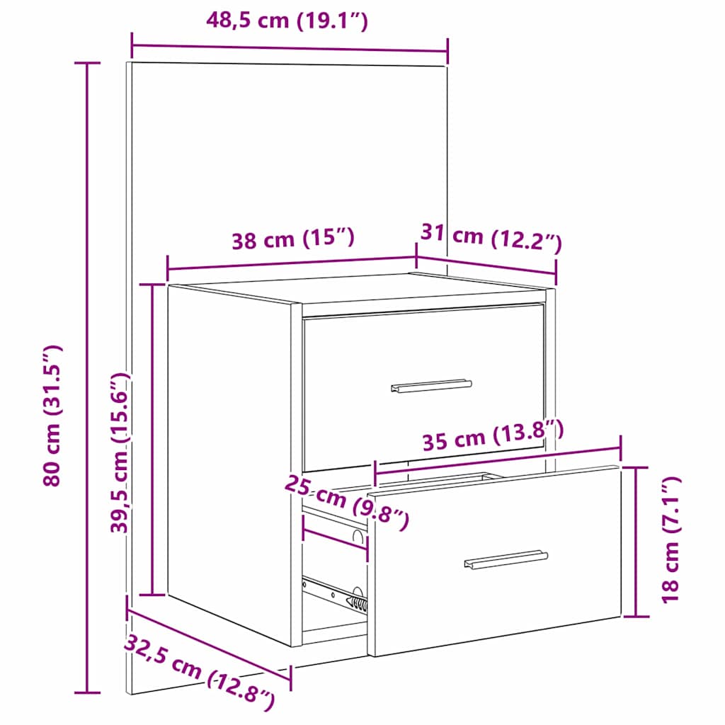 Nástěnná noční skříňka 2 pcs Artisanový dub 48,5 x 32,5 x 80 cm - obrázek 14
