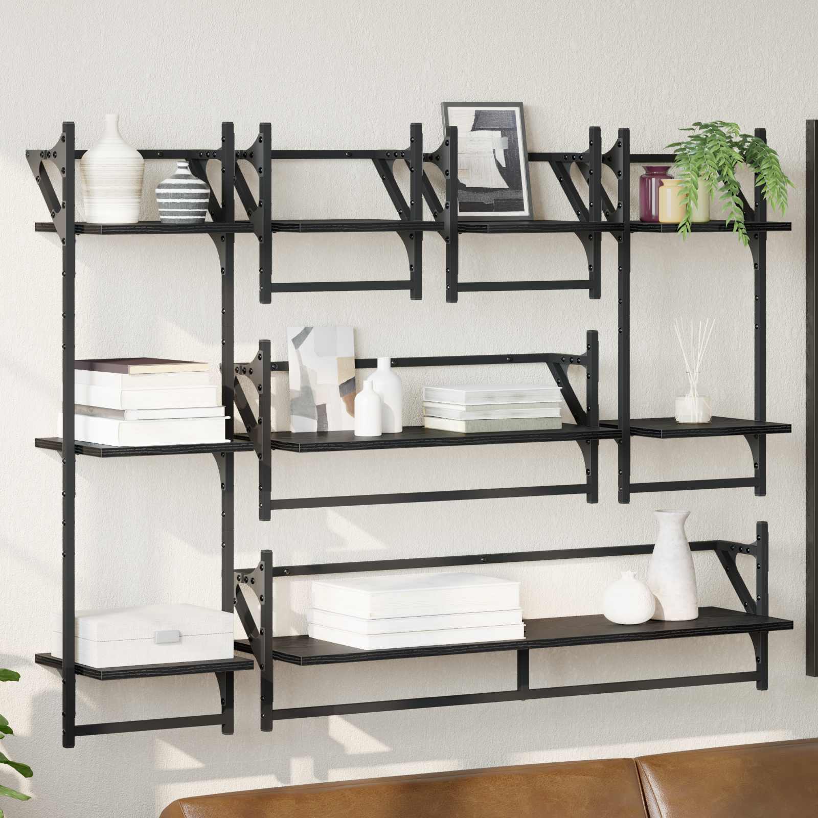 vidaXL Set rafturi de perete 6 pcs Stejar Negru 100 x 25 x 30 cm