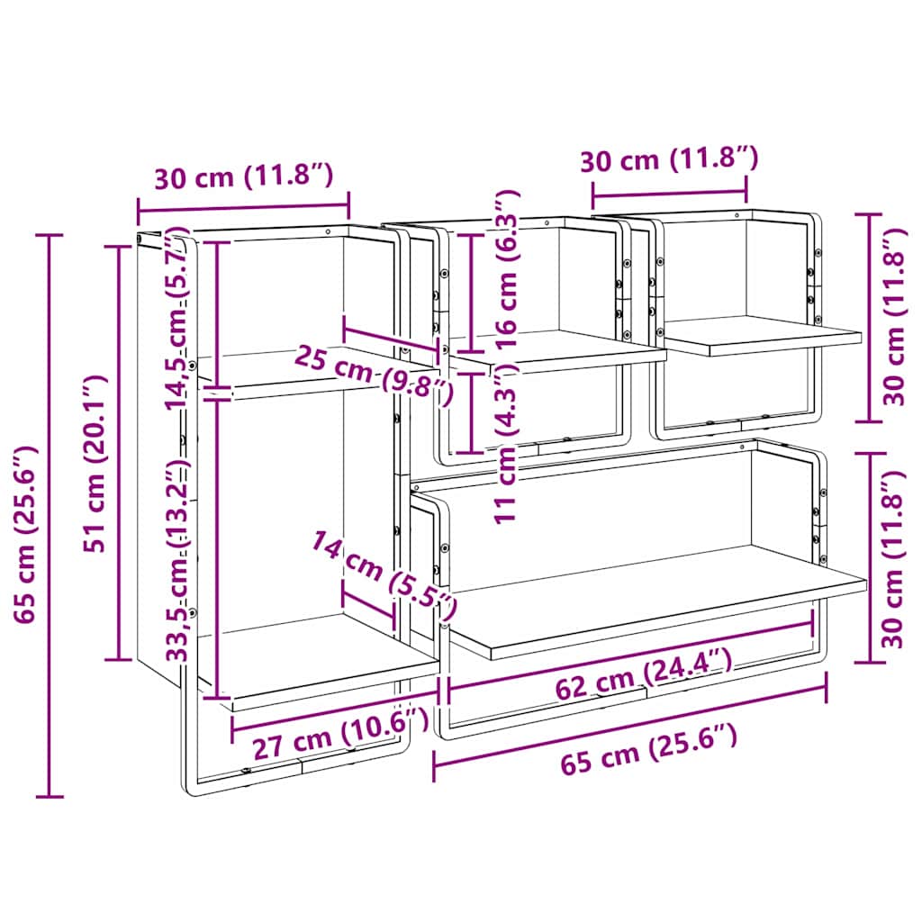 Sada nástěnných polic s policí 4 pcs Černý dub 65 x 25 x 30 cm - obrázek 18