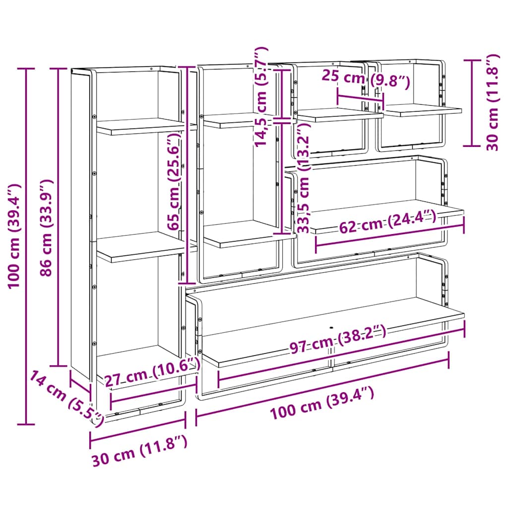 Sada nástěnných polic s policí 6 pcs Černý dub 100 x 25 x 30 cm - obrázek 20