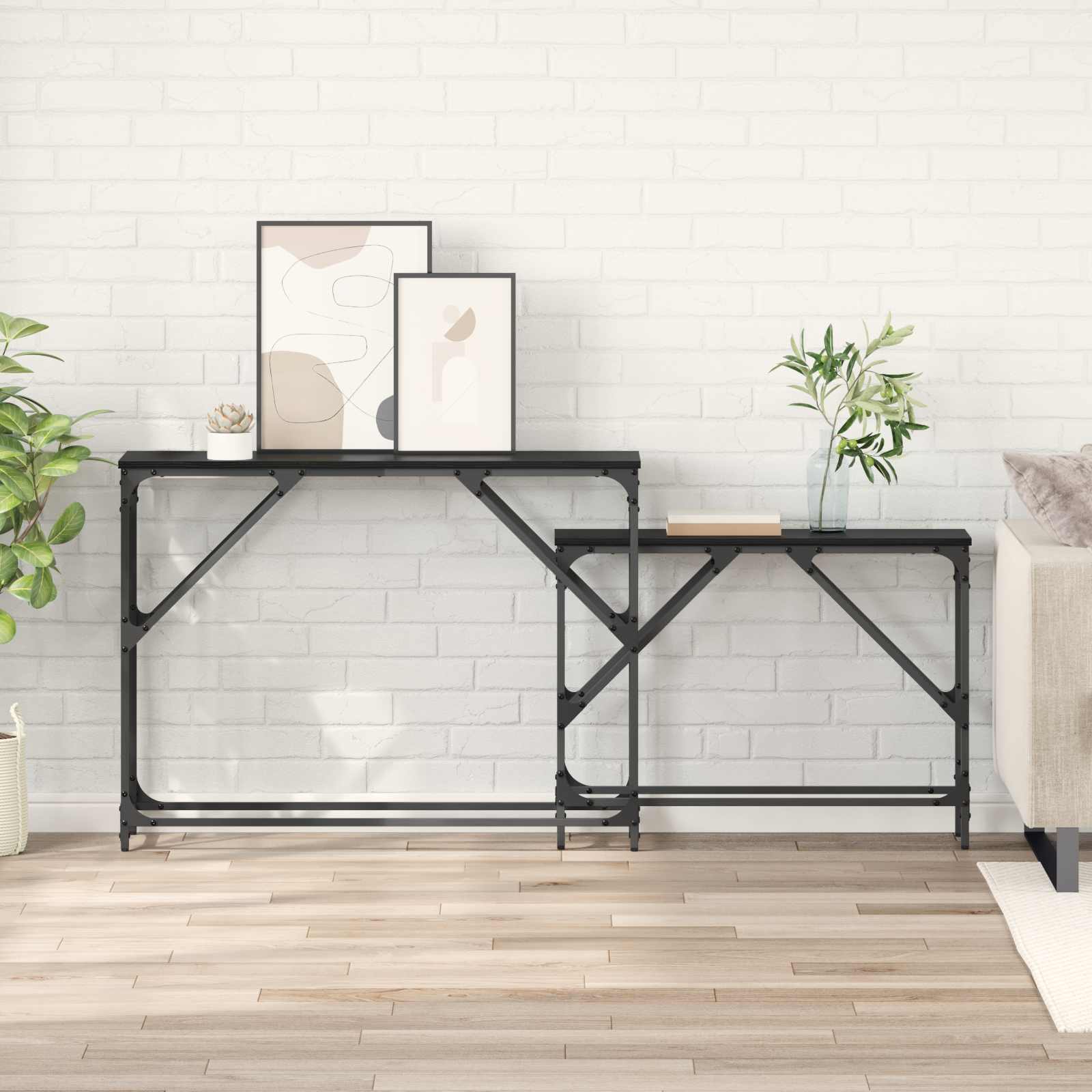 vidaXL Masă de consolă 2 pcs Stejar Negru 100 x 28 x 75 cm