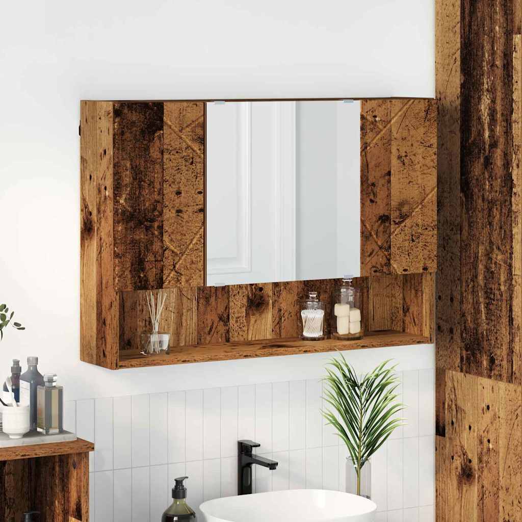Măsuțe de toaletă - Dulap cu oglindă pentru baie cu ușă Lemn vechi 80 x 17 x 55 cm