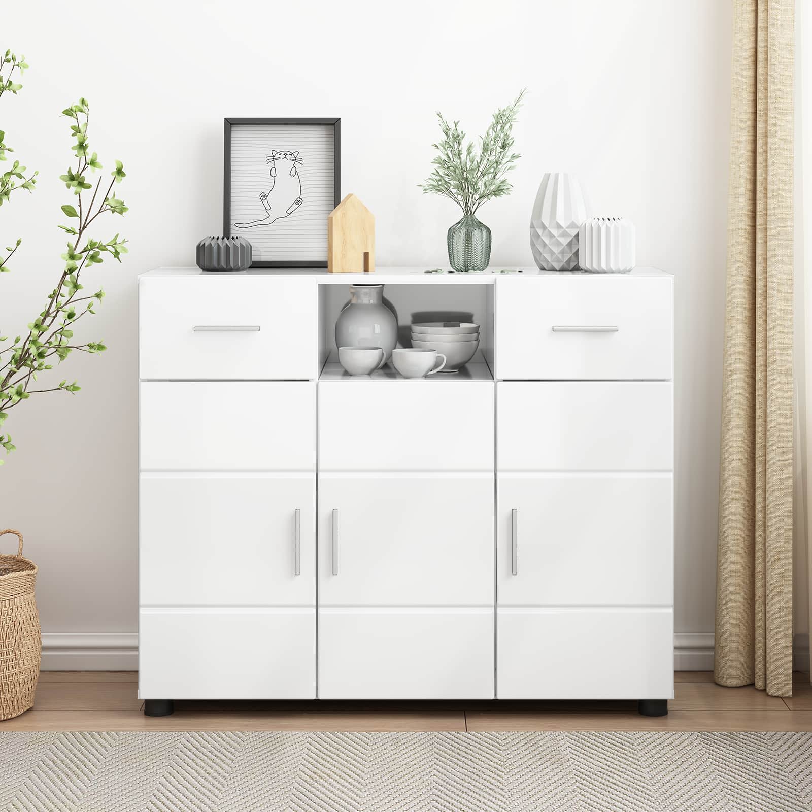 Wooden Cabinet with Drawer High Gloss White 88.5 x 30.5 x 73 cm