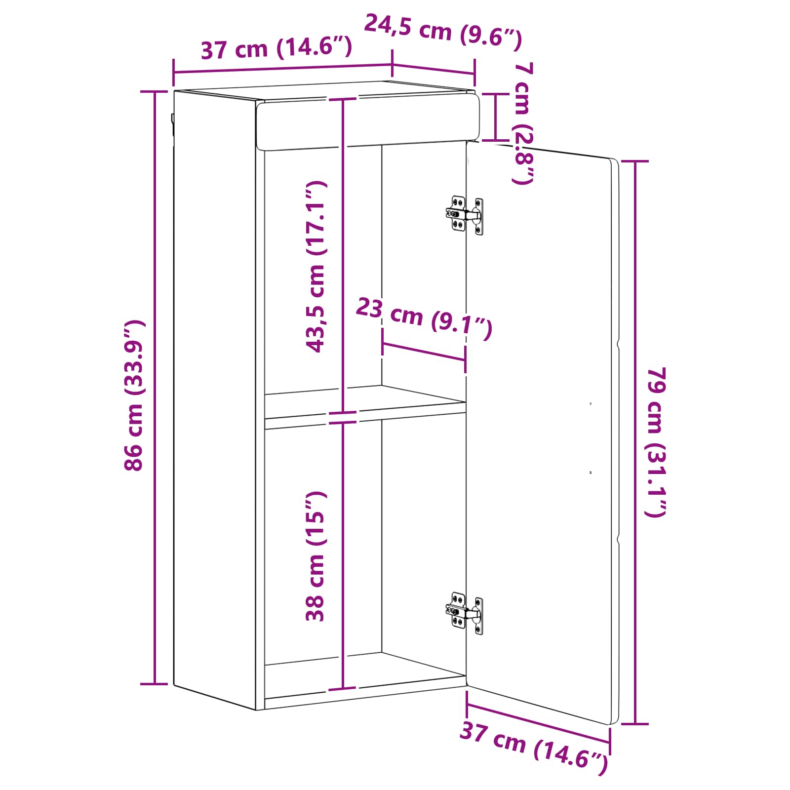 Armario de pared para baño TULUM Gris Sonoma 37 x 24,5 x 86 cm 14