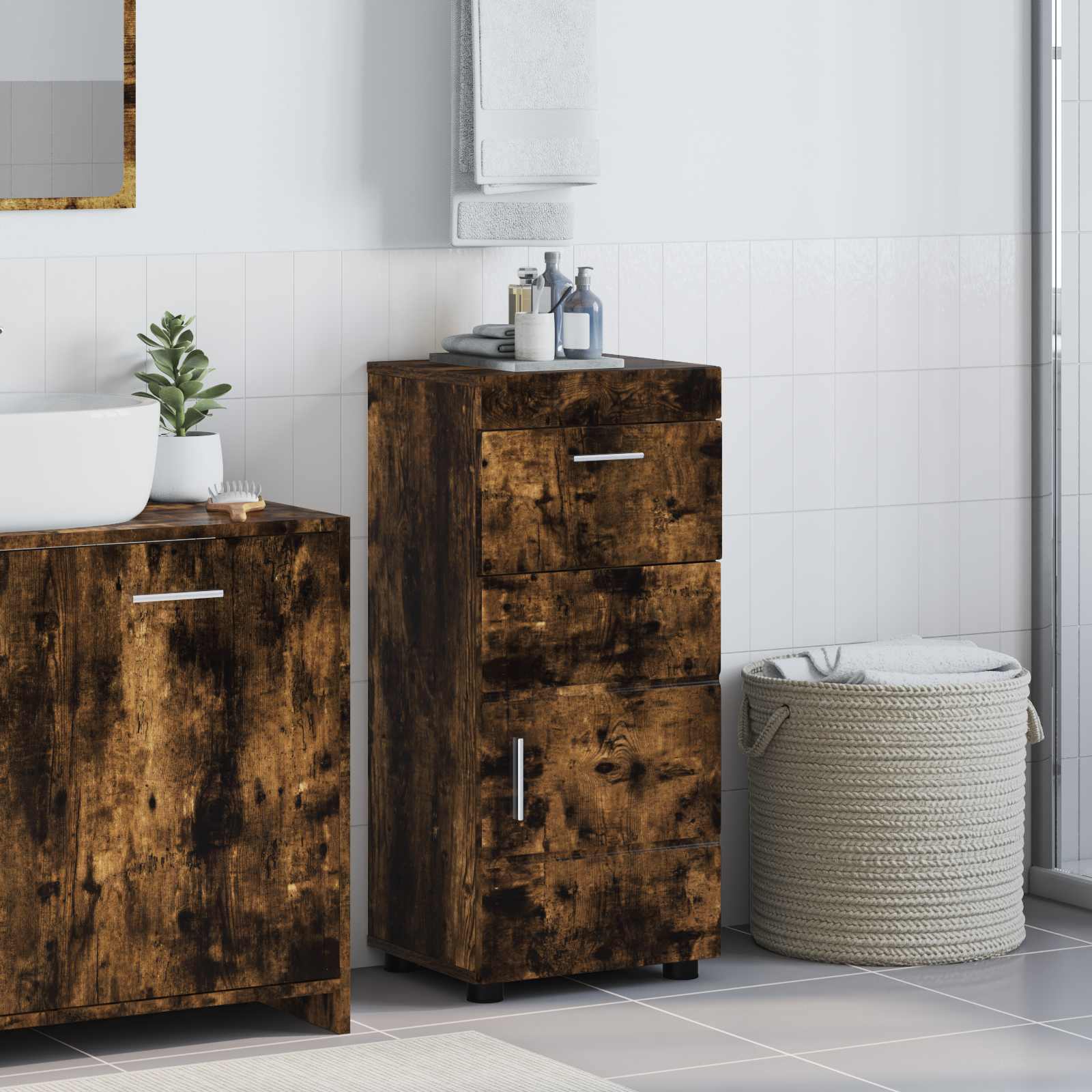 vidaXL Set dulap baie cu sertar TULUM Stejar fumuriu 37 x 31,5 x 82 cm