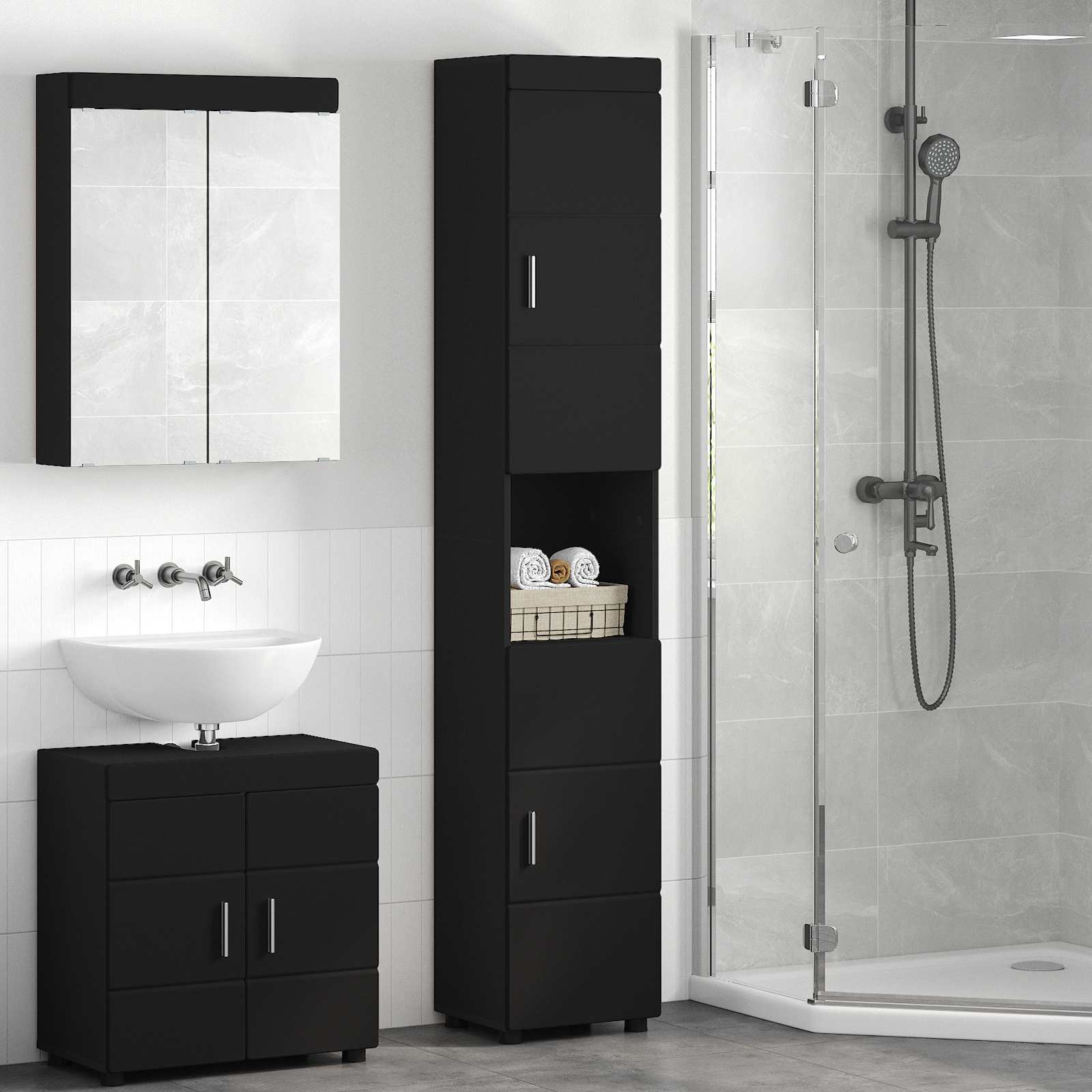 vidaXL Set dulap baie TULUM Negru 37 x 31,5 x 203 cm Lemn compozit