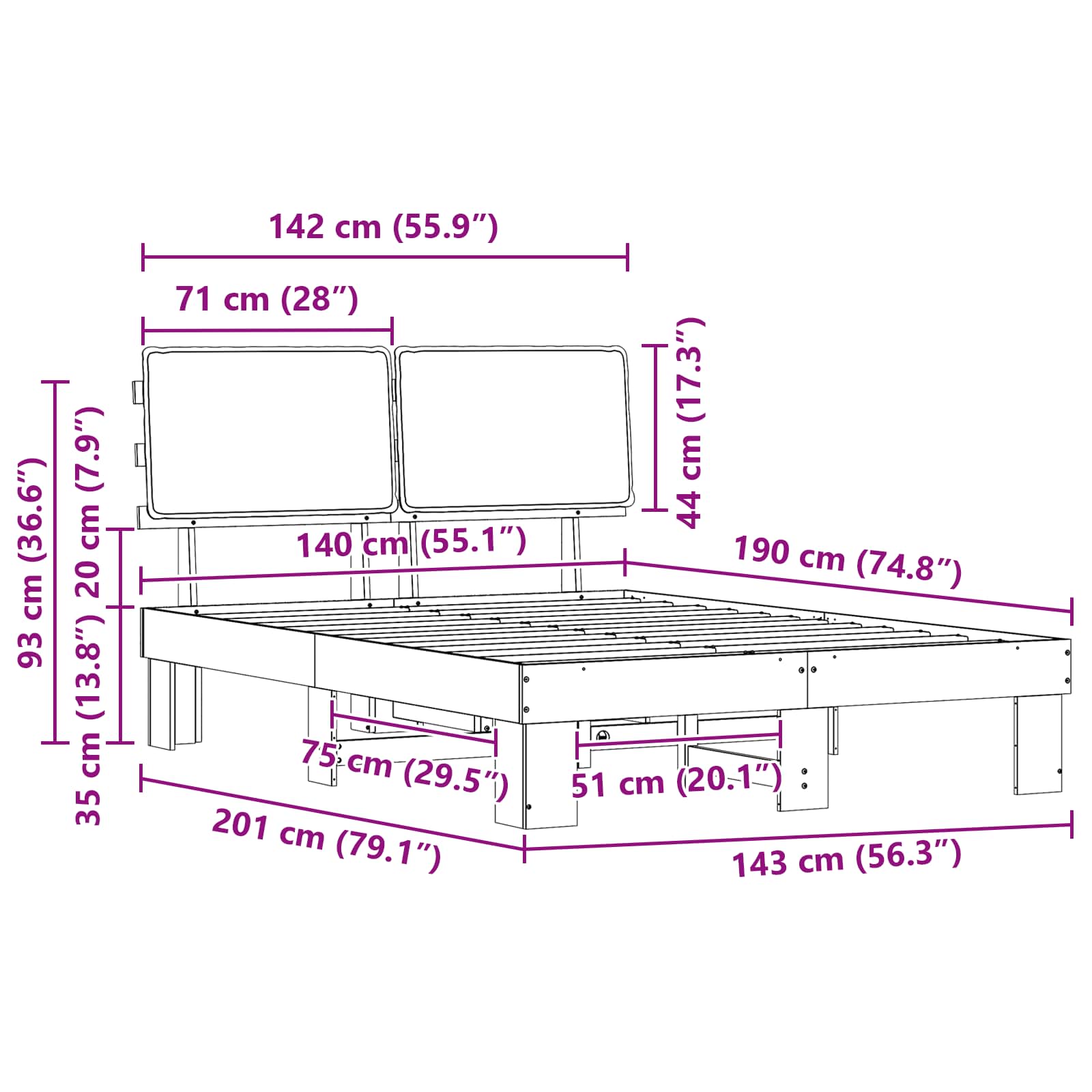 Voodiraam Pehme Peatoega peaga Tumehall 140 x 190 cm Tahke mänd 11 Kõik vajalik sinu aeda ja koju! Voodiraam Pehme Peatoega peaga Tumehall 140 x 190 cm Tahke mänd - Image 11