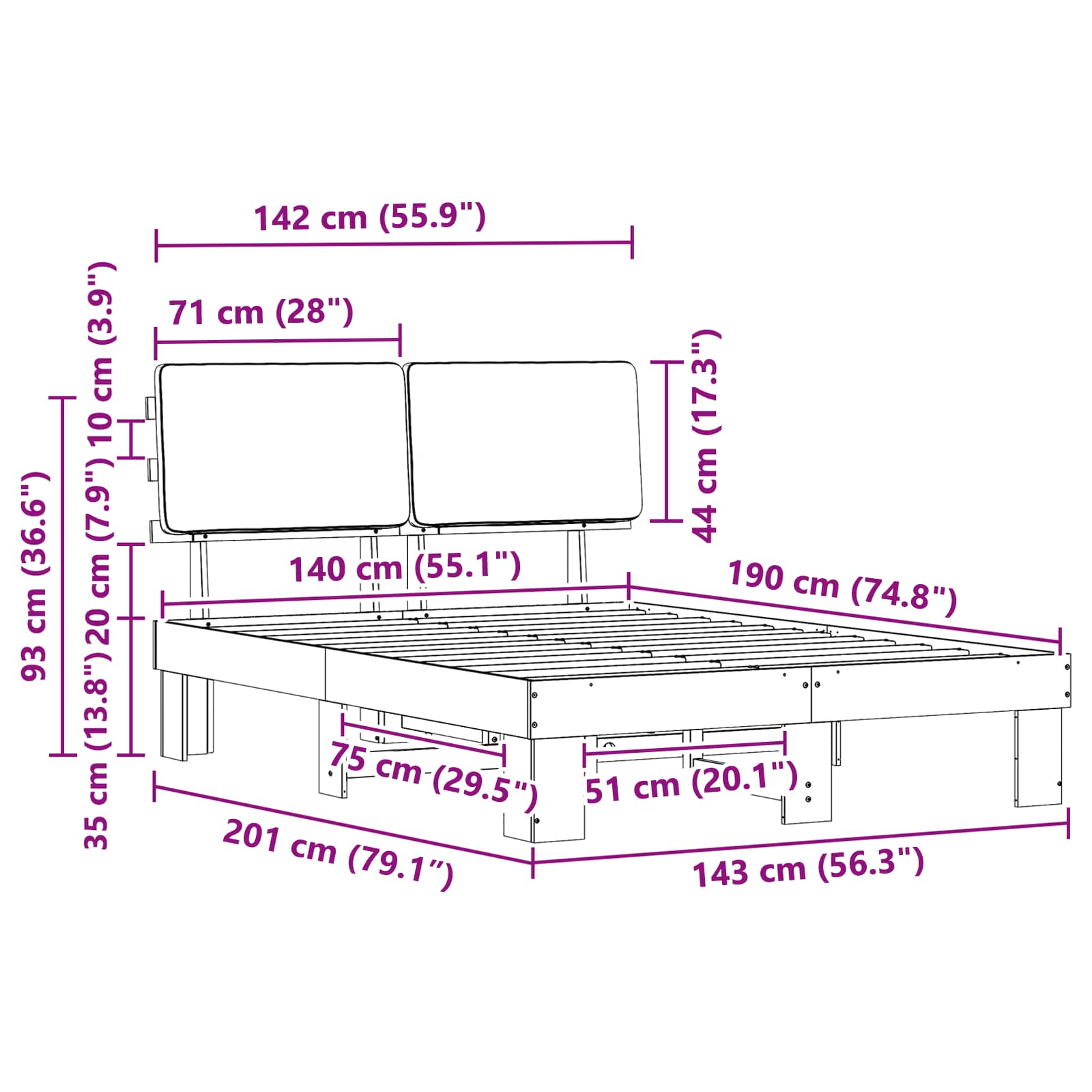 Voodiraam Pehme Peatoega peaga Tumehall 140 x 190 cm Tahke mänd - Image 11