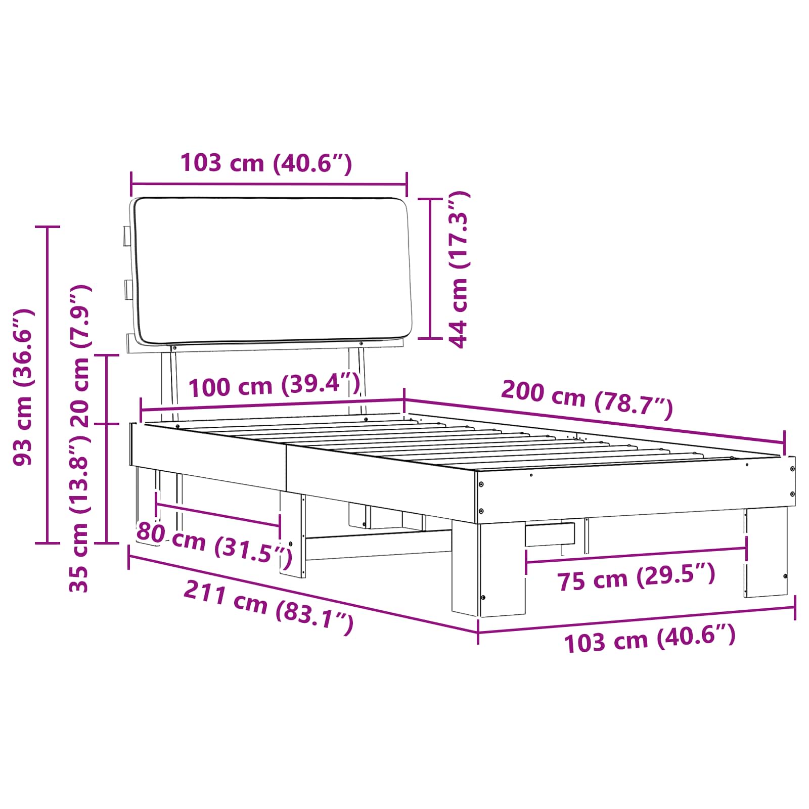 Voodiraam Pehme Peatoega peaga Must 100 x 200 cm Tahke mänd - Image 11