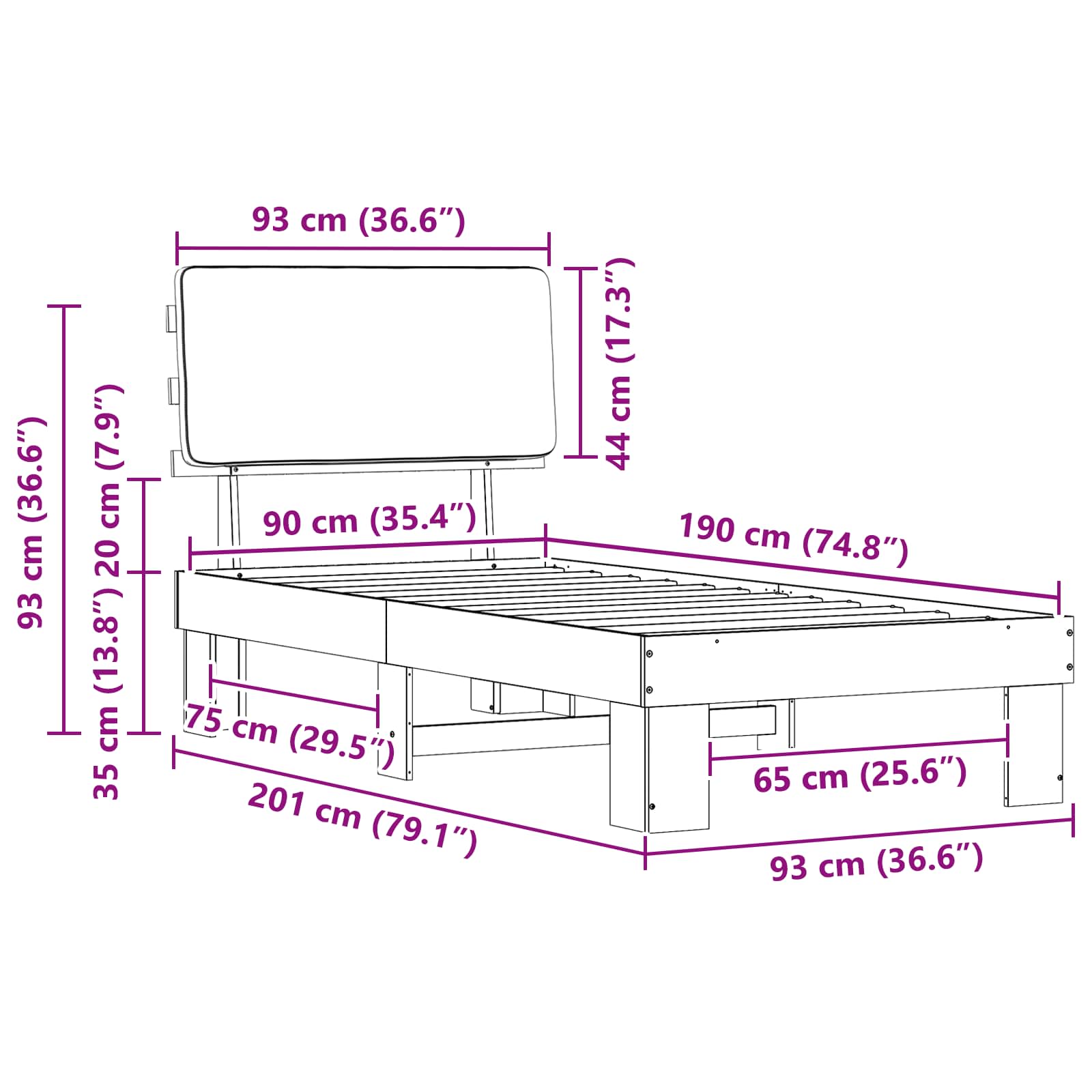 Voodiraam Pehme Peatoega peaga Helehall 90 x 190 cm Tahke mänd - Image 11