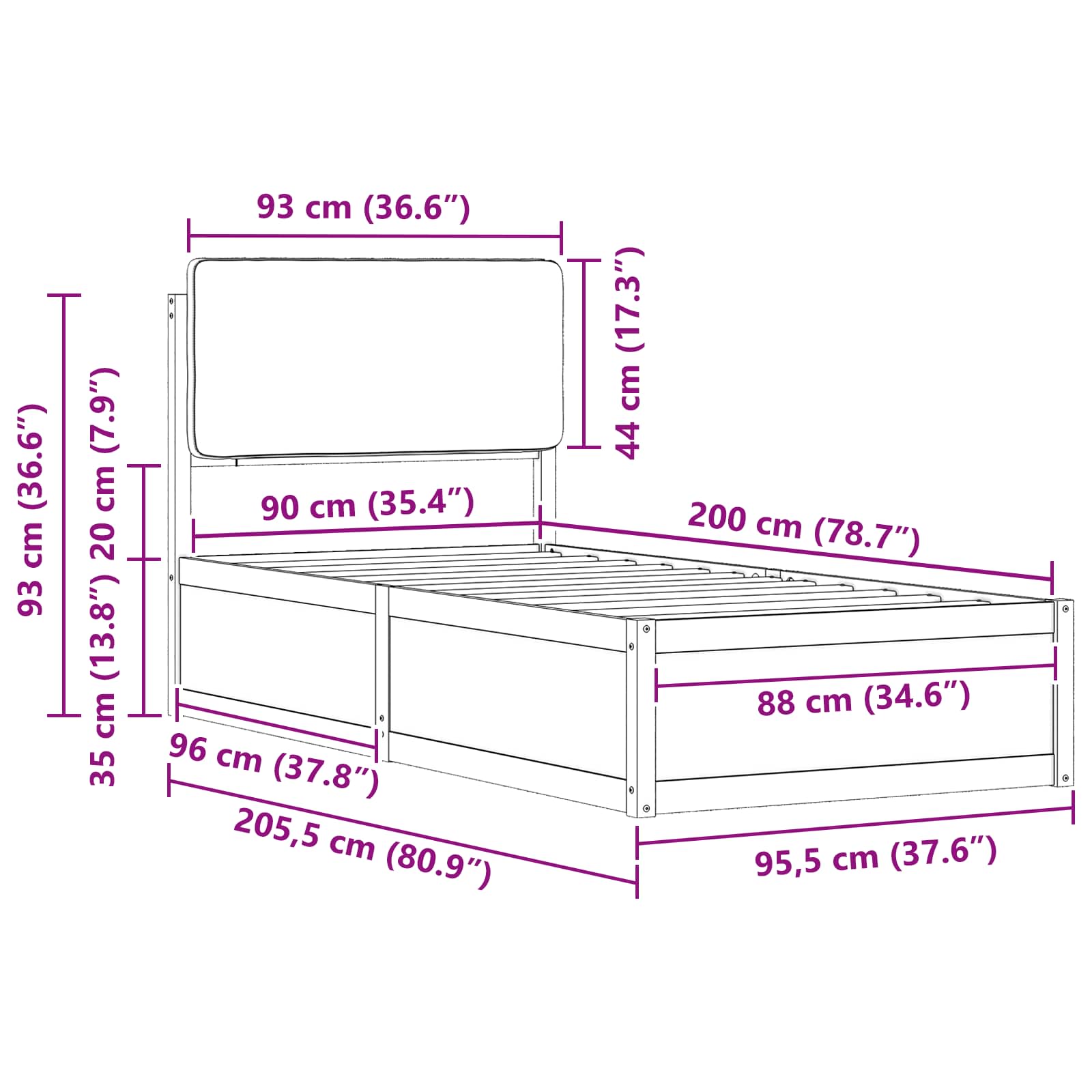 Voodiraam Pehme Peatoega peaga Tumehall 90 x 200 cm Tahke mänd 11 Kõik vajalik sinu aeda ja koju! Voodiraam Pehme Peatoega peaga Tumehall 90 x 200 cm Tahke mänd - Image 11