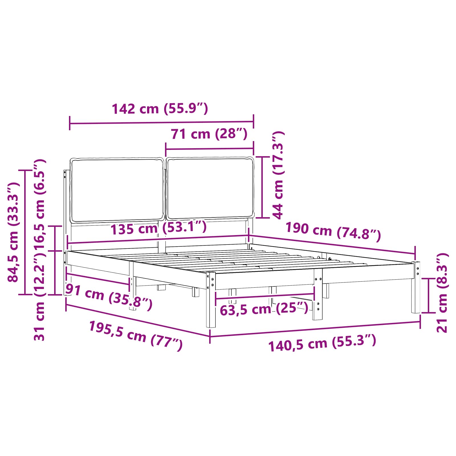 Voodiraam Pehme Peatoega Pruunikashall 135 x 190 cm Tahke mänd - Image 11