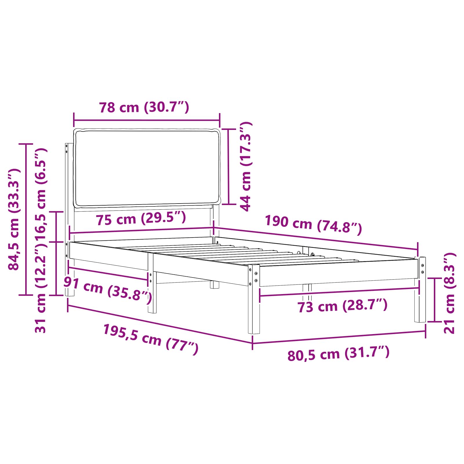 Voodiraam Pehme Peatoega Pruunikashall 75 x 190 cm Tahke mänd - Image 11