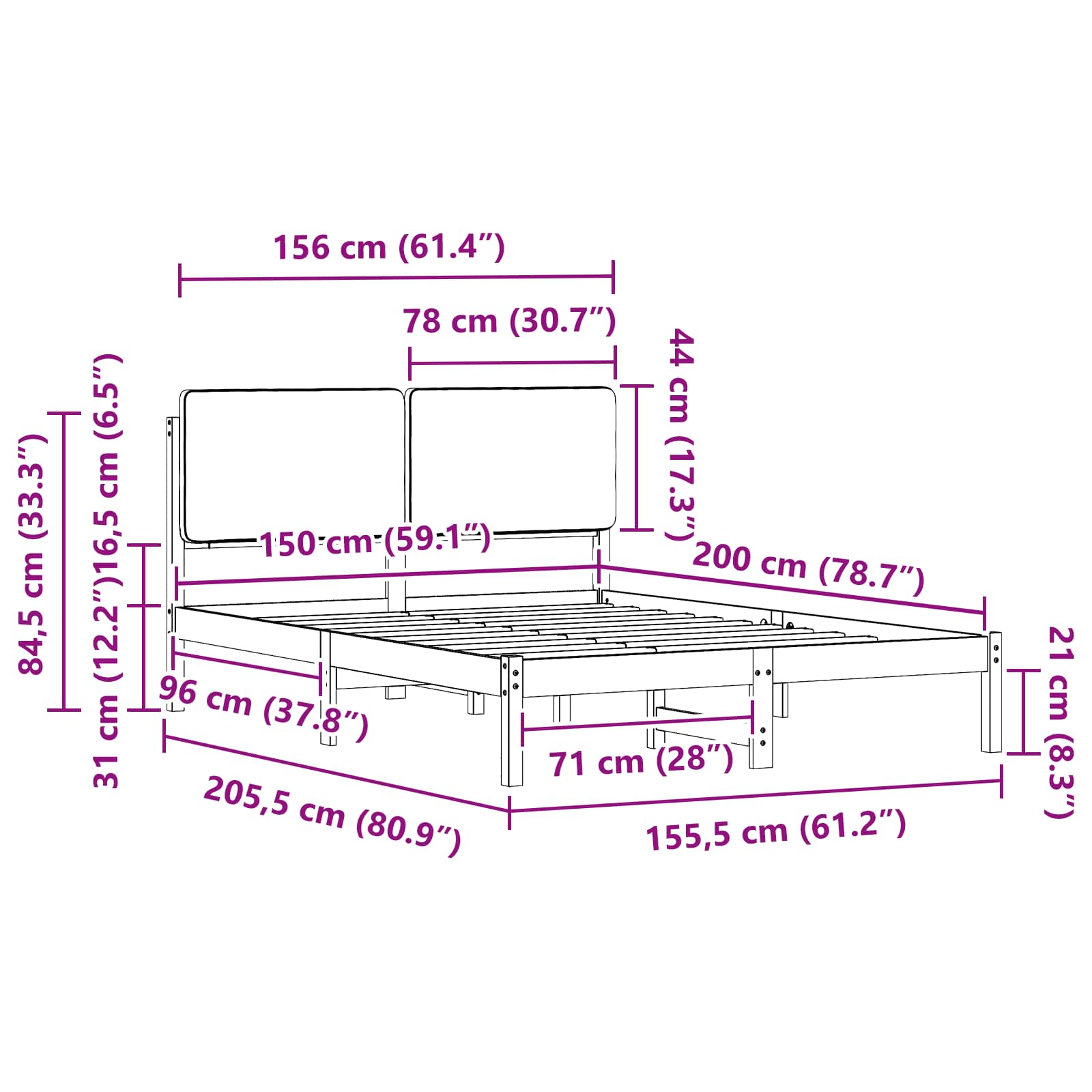 Voodiraam Pehme Peatoega peaga Tumehall 150 x 200 cm Tahke mänd - Image 11