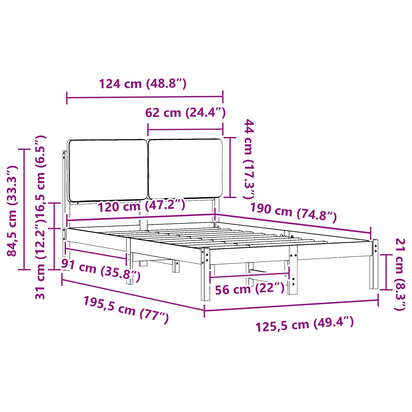 Voodiraam Pehme Peatoega peaga Must 120 x 190 cm Tahke mänd - Image 11