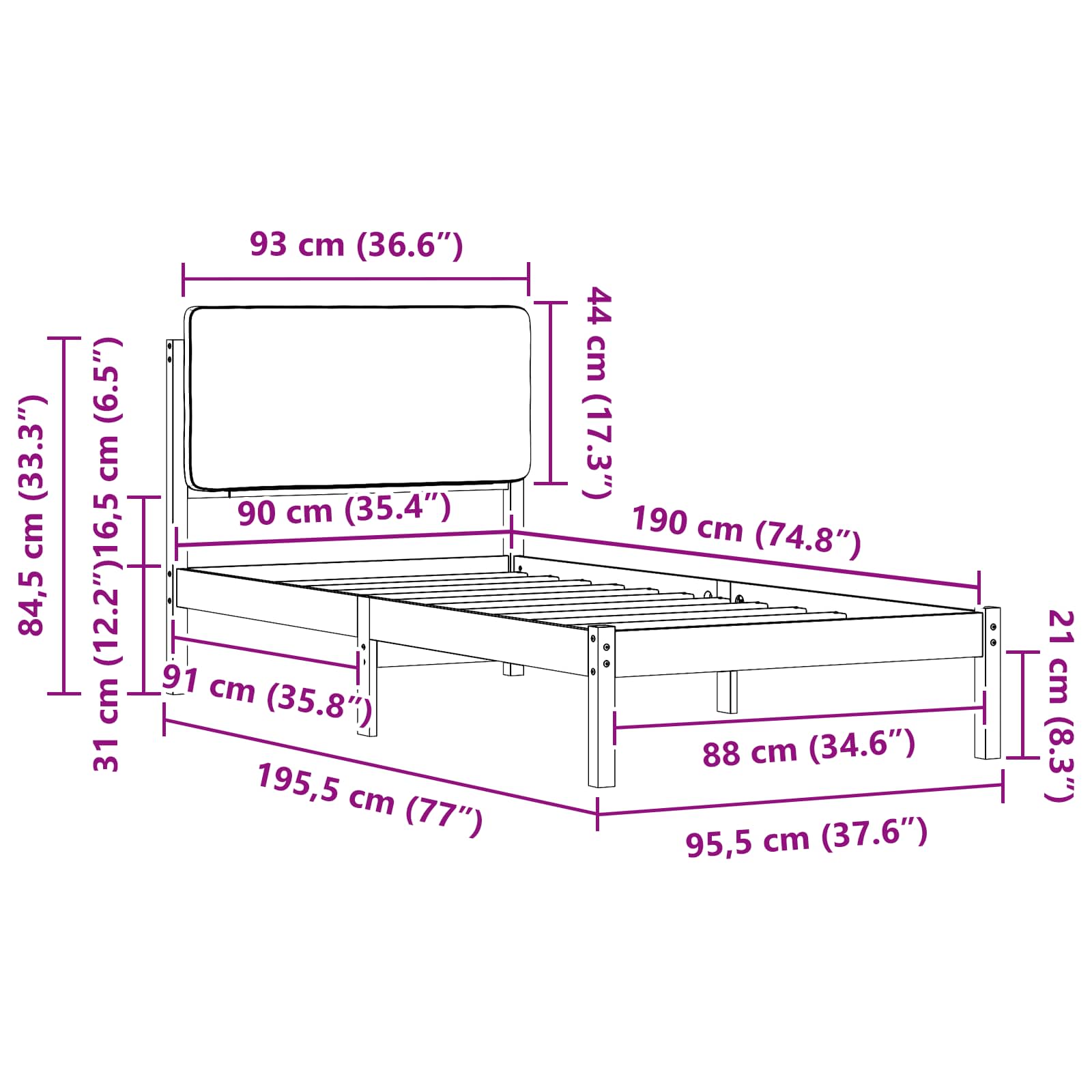 Voodiraam Pehme Peatoega Pruunikashall 90 x 190 cm Tahke mänd - Image 11