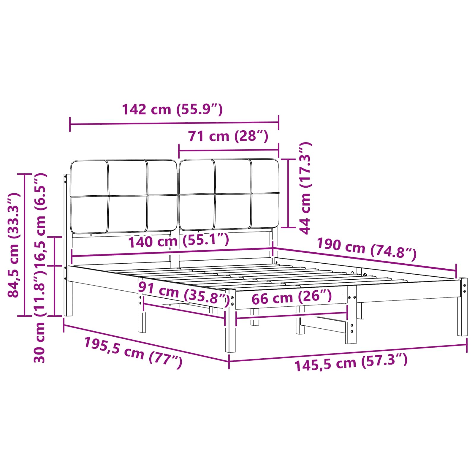 Voodiraam Pehme Peatoega Pruunikashall 140 x 190 cm Tahke mänd - Image 11