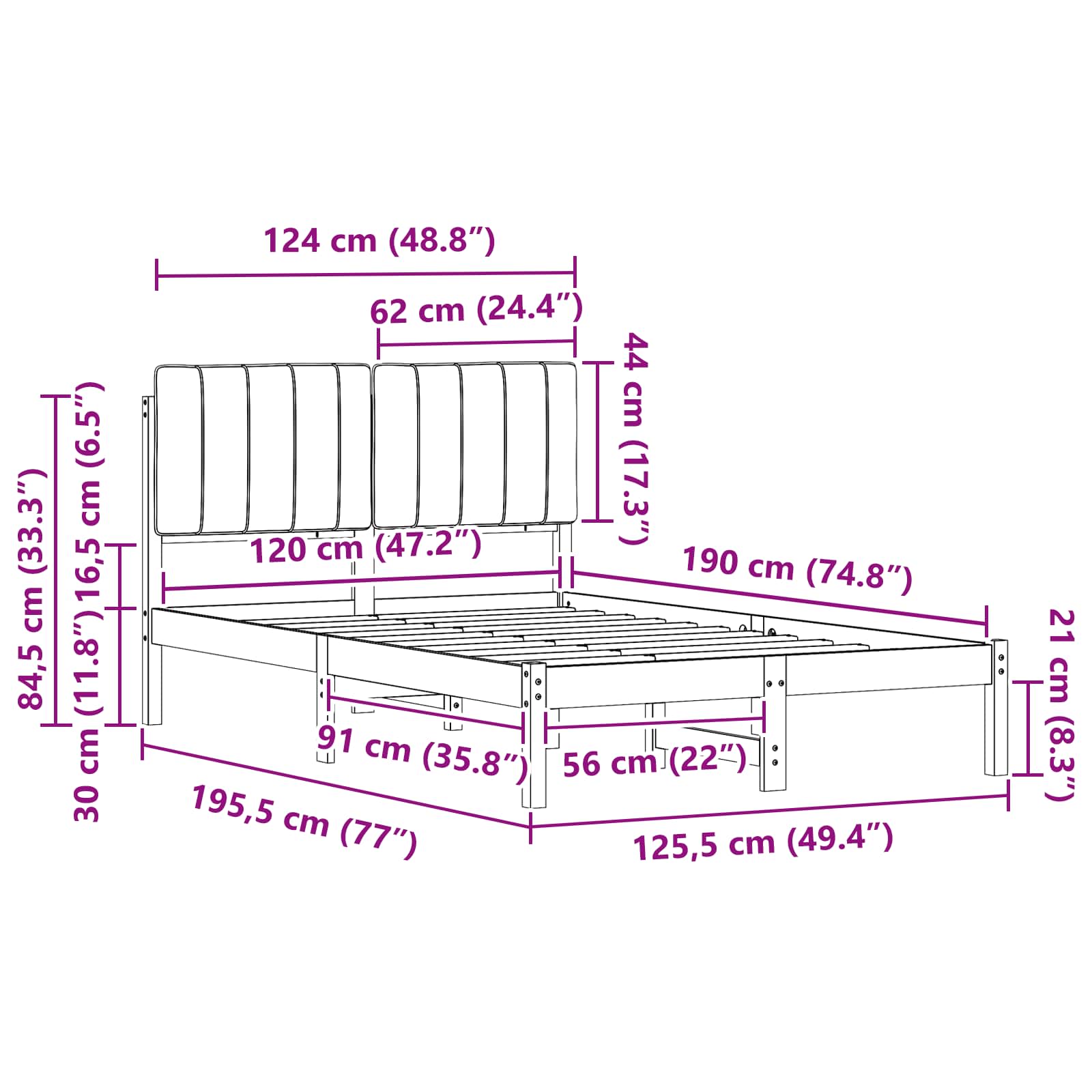 Voodiraam Pehme Peatoega Pruunikashall 120 x 190 cm Tahke mänd - Image 11
