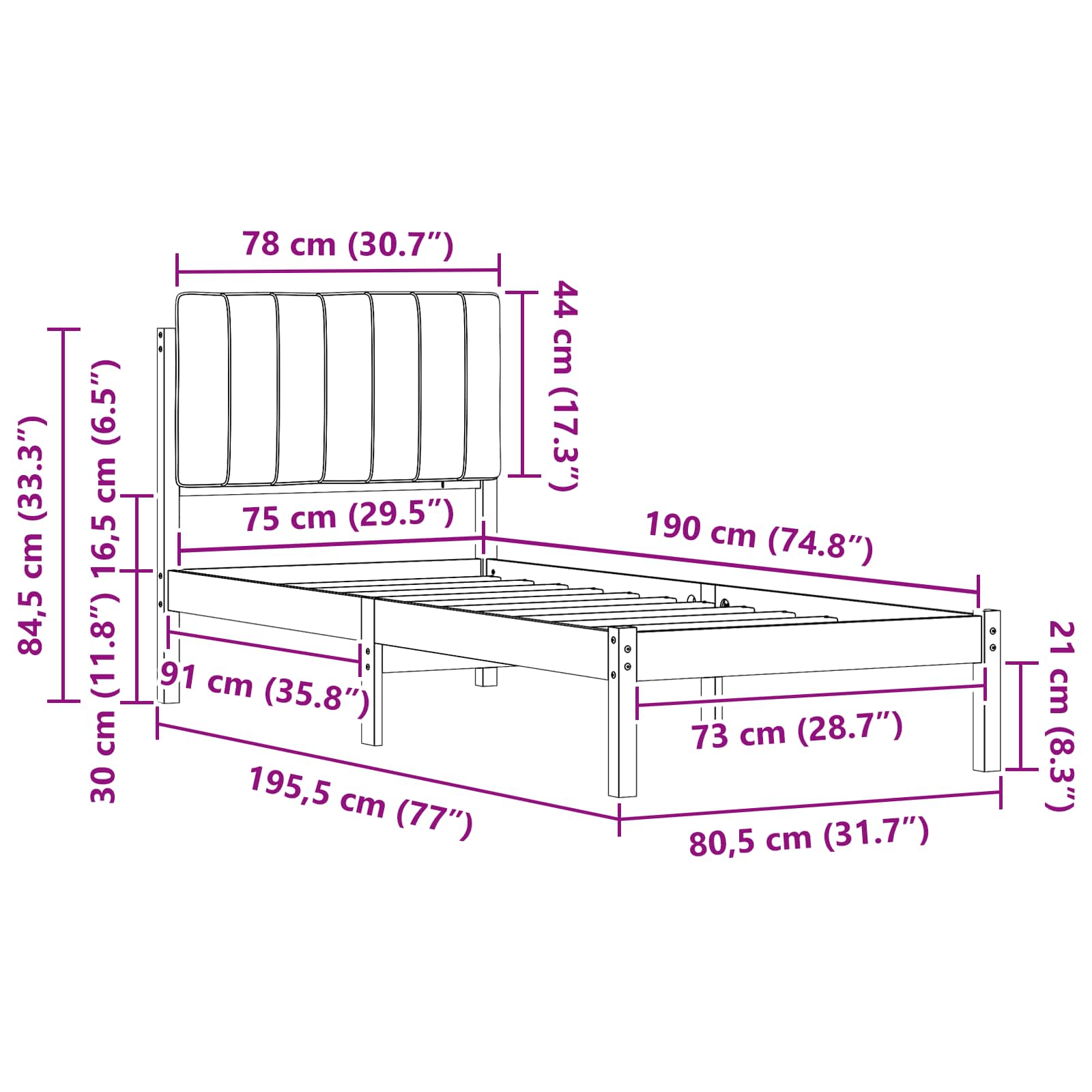 Voodiraam Pehme Peatoega peaga Tumehall 75 x 190 cm Tahke mänd - Image 11