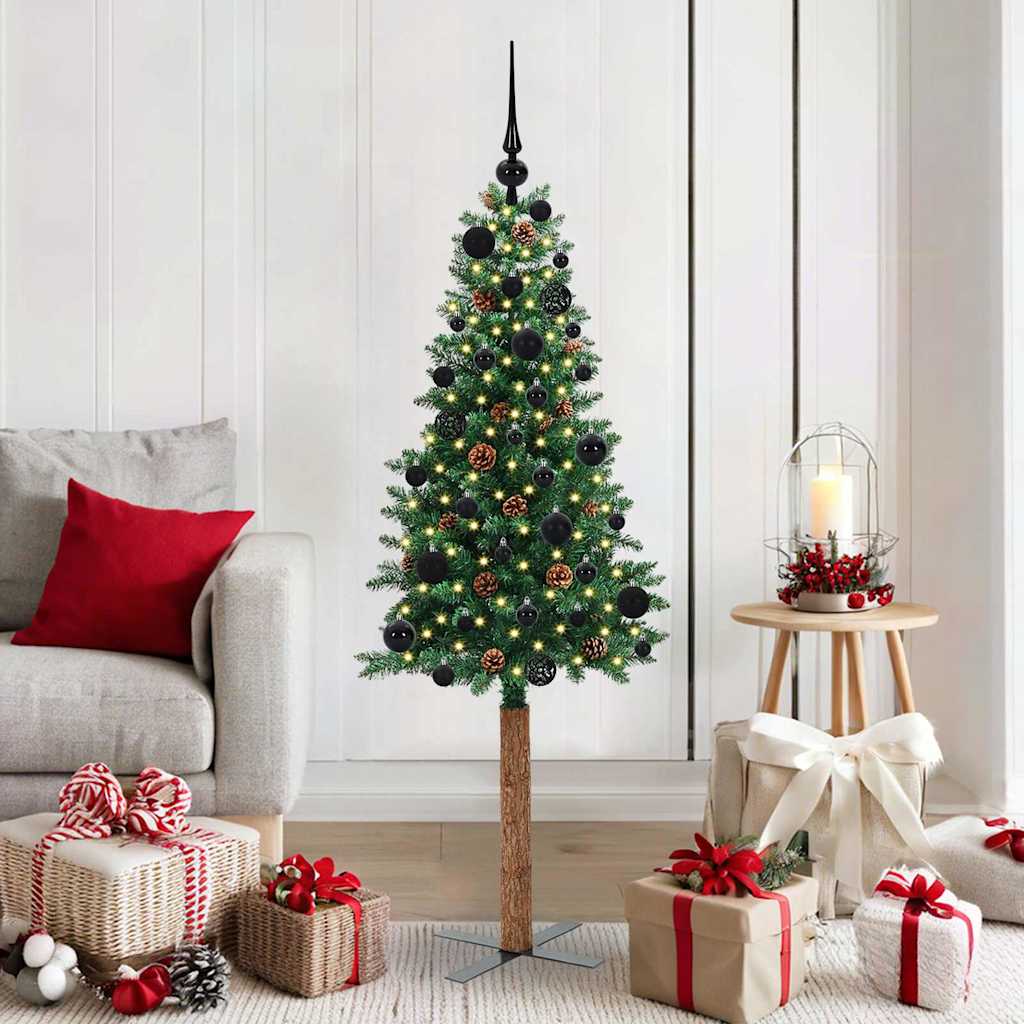 Sapin de Noël mince Vert 150 cm PVC et bois de pin massif